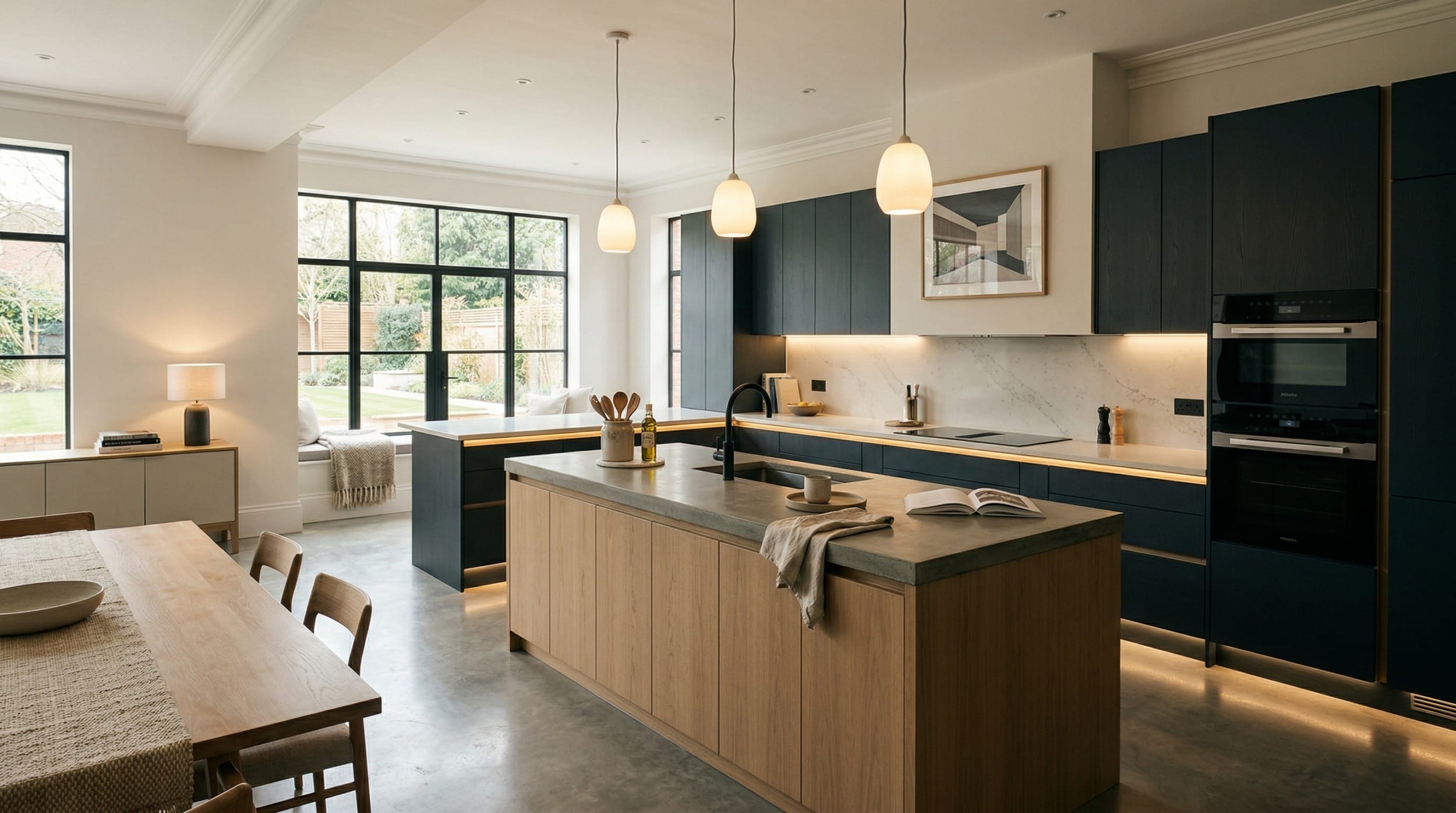 Mastercraft bespoke kitchen in Derby, wide architectural view showing room volume and design quality