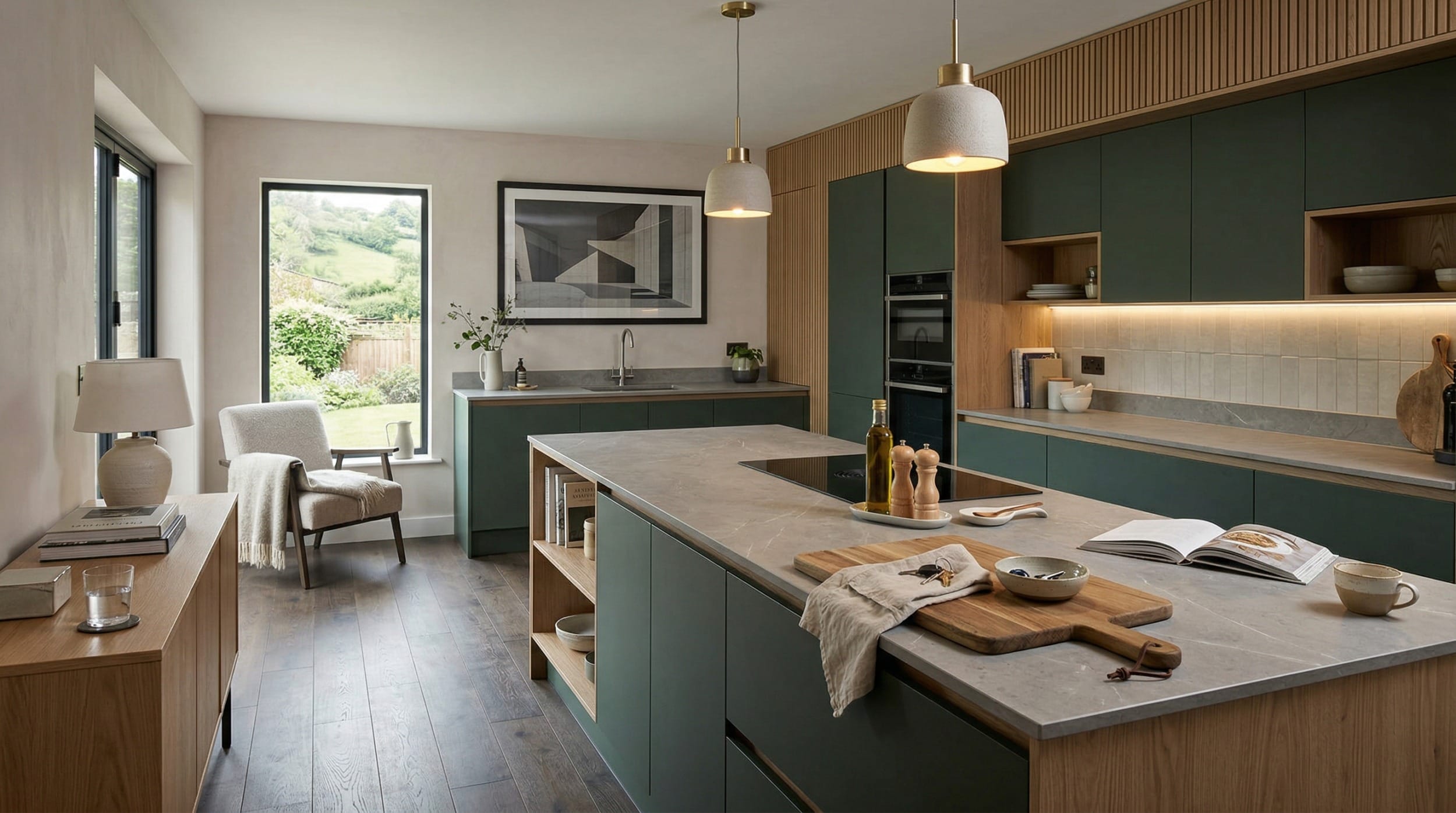 Mastercraft bespoke kitchen in Glossop, wide architectural view showing room volume and design quality