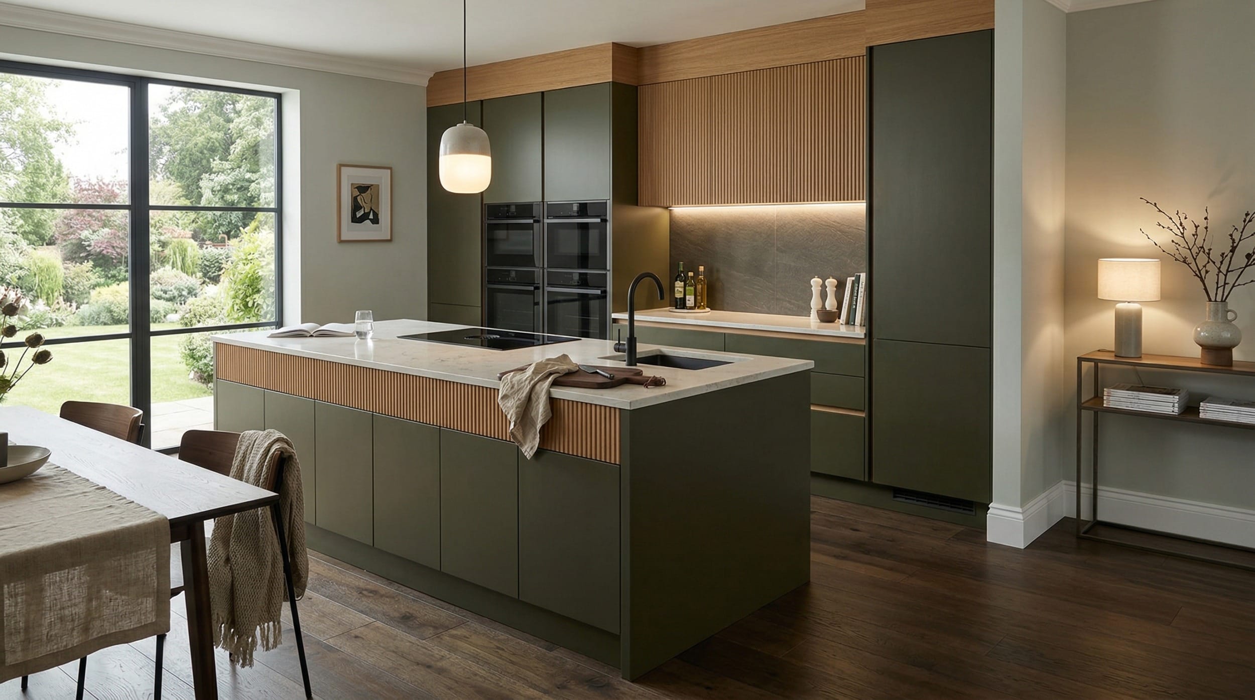 Mastercraft bespoke kitchen in Heanor, wide architectural view showing room volume and design quality