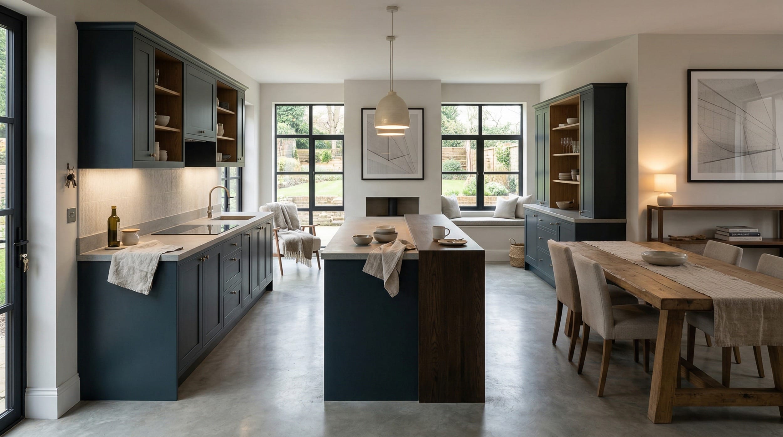 hero2_1200x675-137 Mastercraft bespoke kitchen in Matlock, wide architectural view showing room volume and design quality