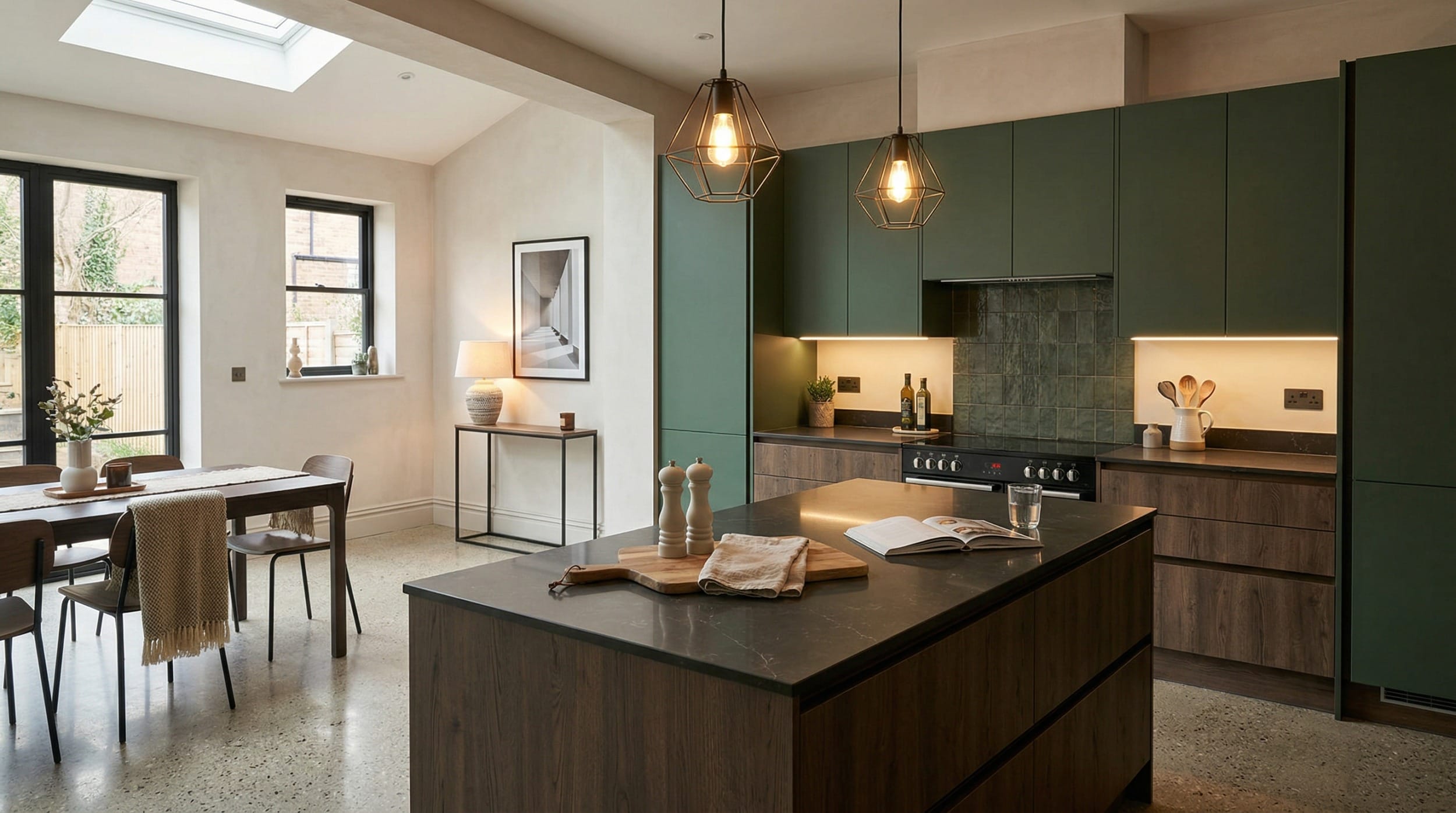 Mastercraft bespoke kitchen in Pinxton, wide architectural view showing room volume and design quality