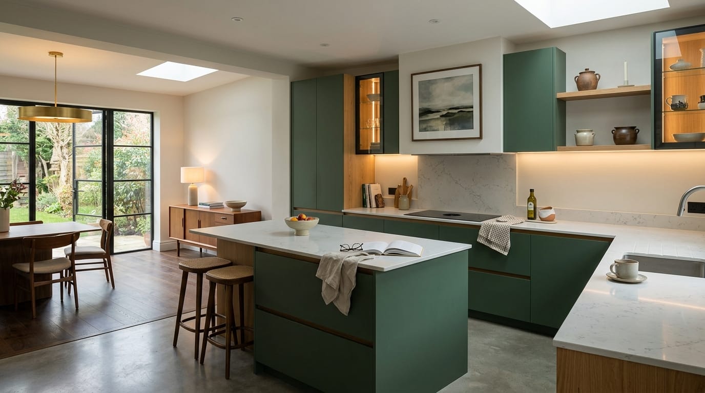 Mastercraft bespoke kitchen in Cheltenham, wide architectural view showing room volume and design quality