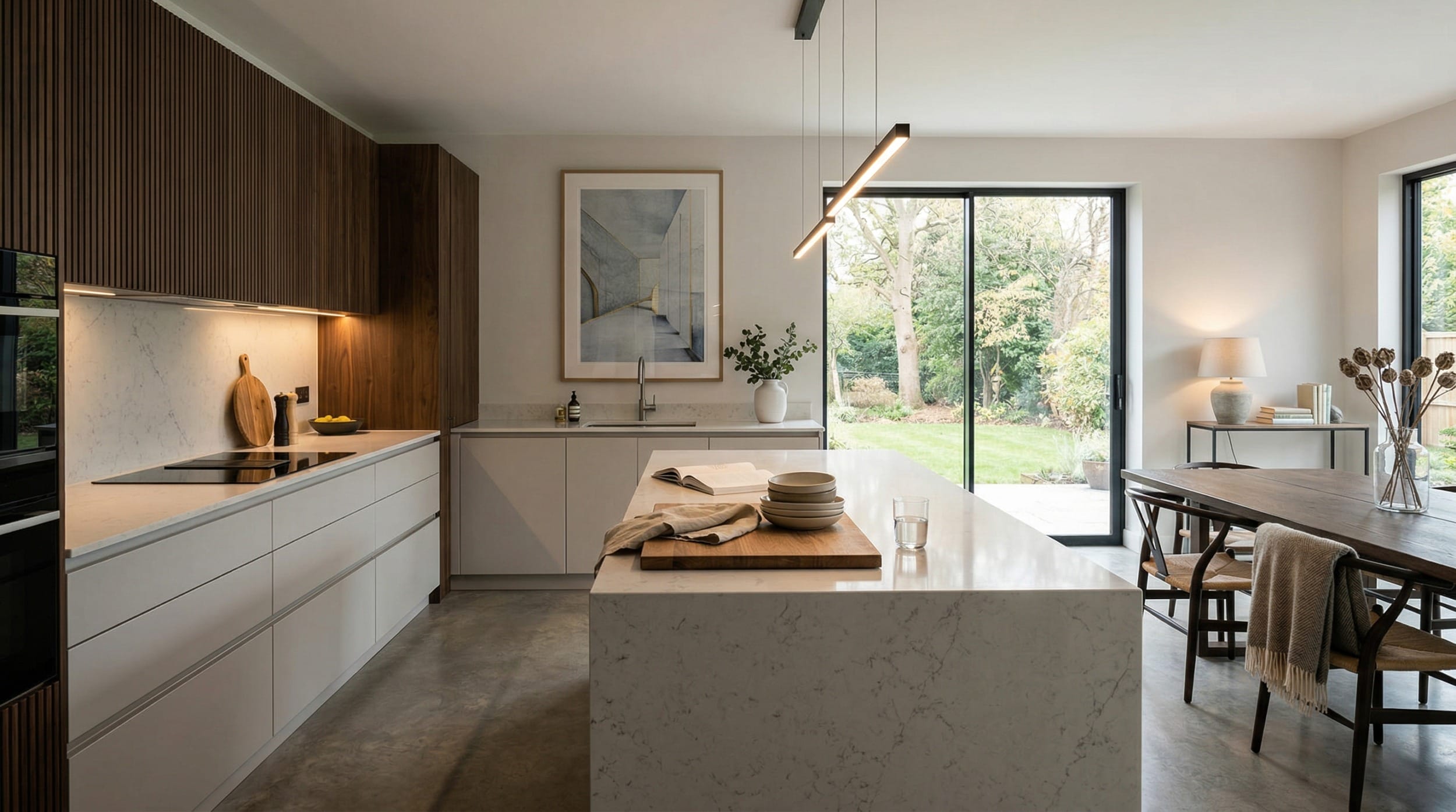 Mastercraft bespoke kitchen in Staveley, wide architectural view showing room volume and design quality