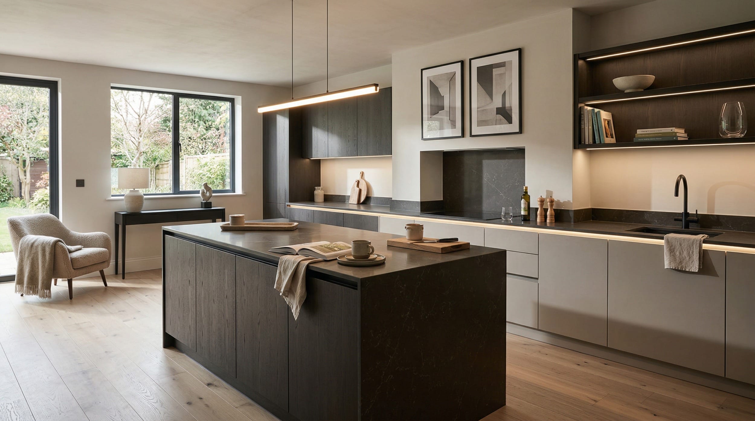Mastercraft bespoke kitchen in Aldridge, wide architectural view showing room volume and design quality