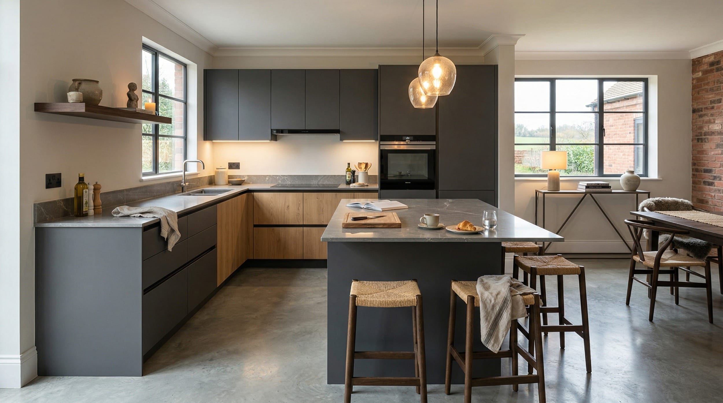 Mastercraft bespoke kitchen in Brierley Hill, wide architectural view showing room volume and design quality
