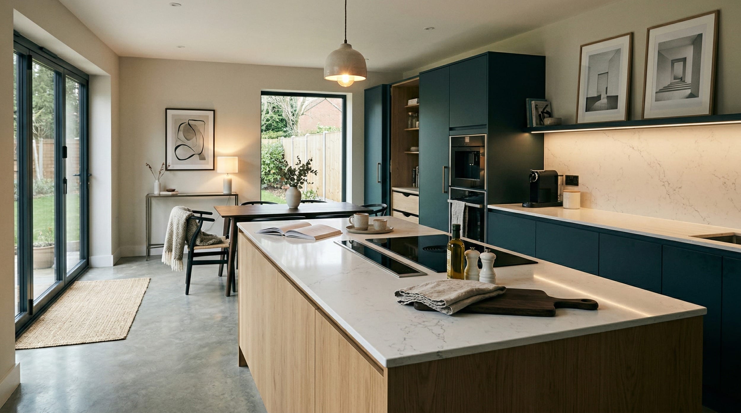 Mastercraft bespoke kitchen in Dudley, wide architectural view showing room volume and design quality