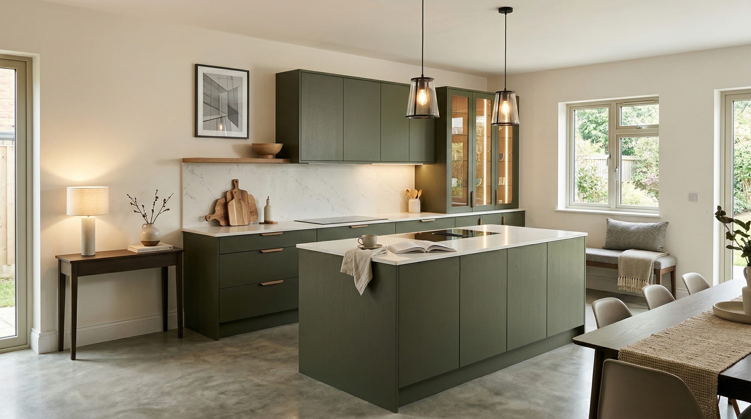 Mastercraft bespoke kitchen in Halesowen, wide architectural view showing room volume and design quality