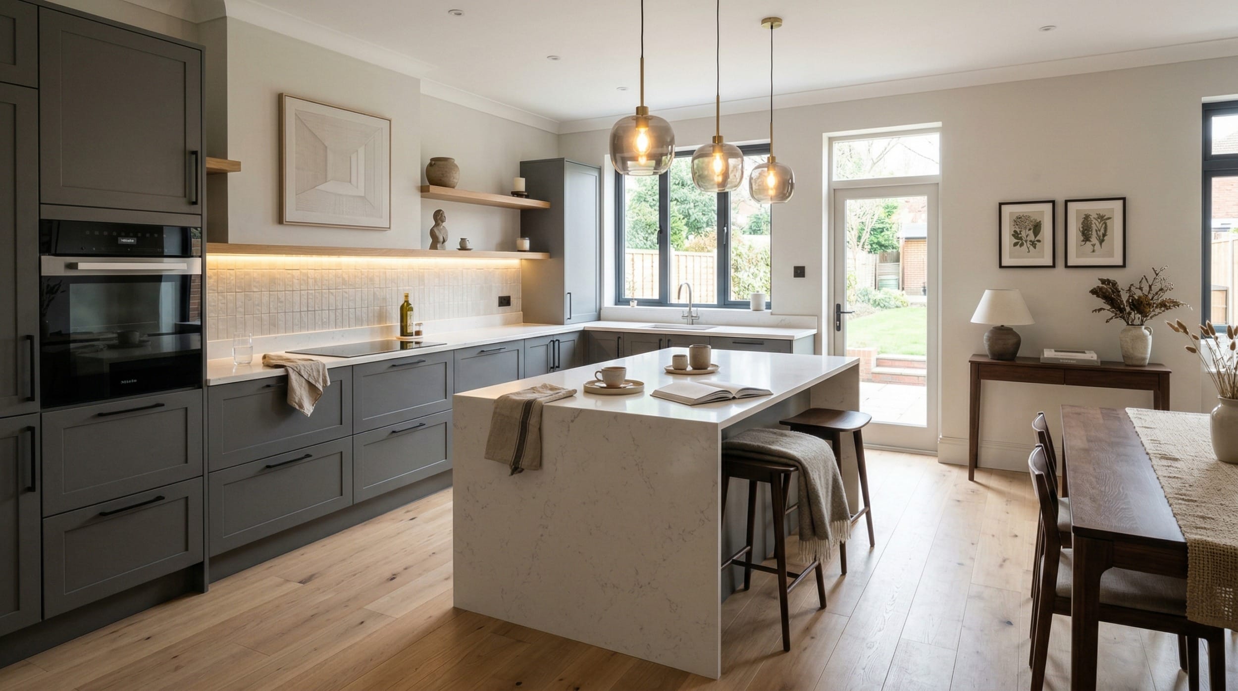 Mastercraft bespoke kitchen in Oldbury, wide architectural view showing room volume and design quality