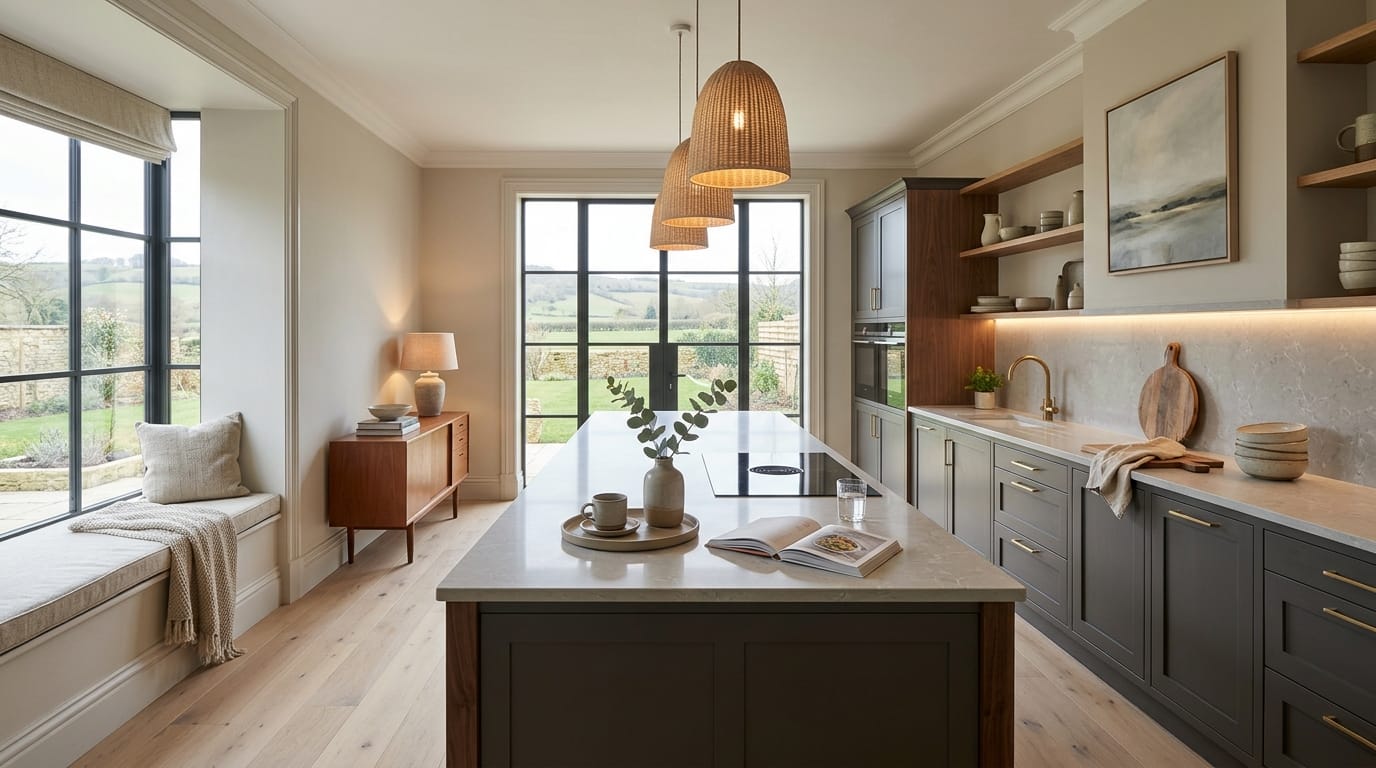 hero2_1200x675-15 Mastercraft bespoke kitchen in Cirencester, wide architectural view showing room volume and design quality