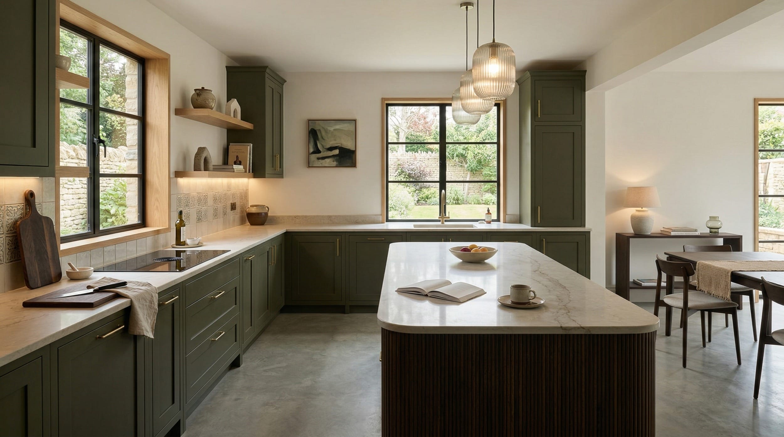 Mastercraft bespoke kitchen in Rowley Village, wide architectural view showing room volume and design quality