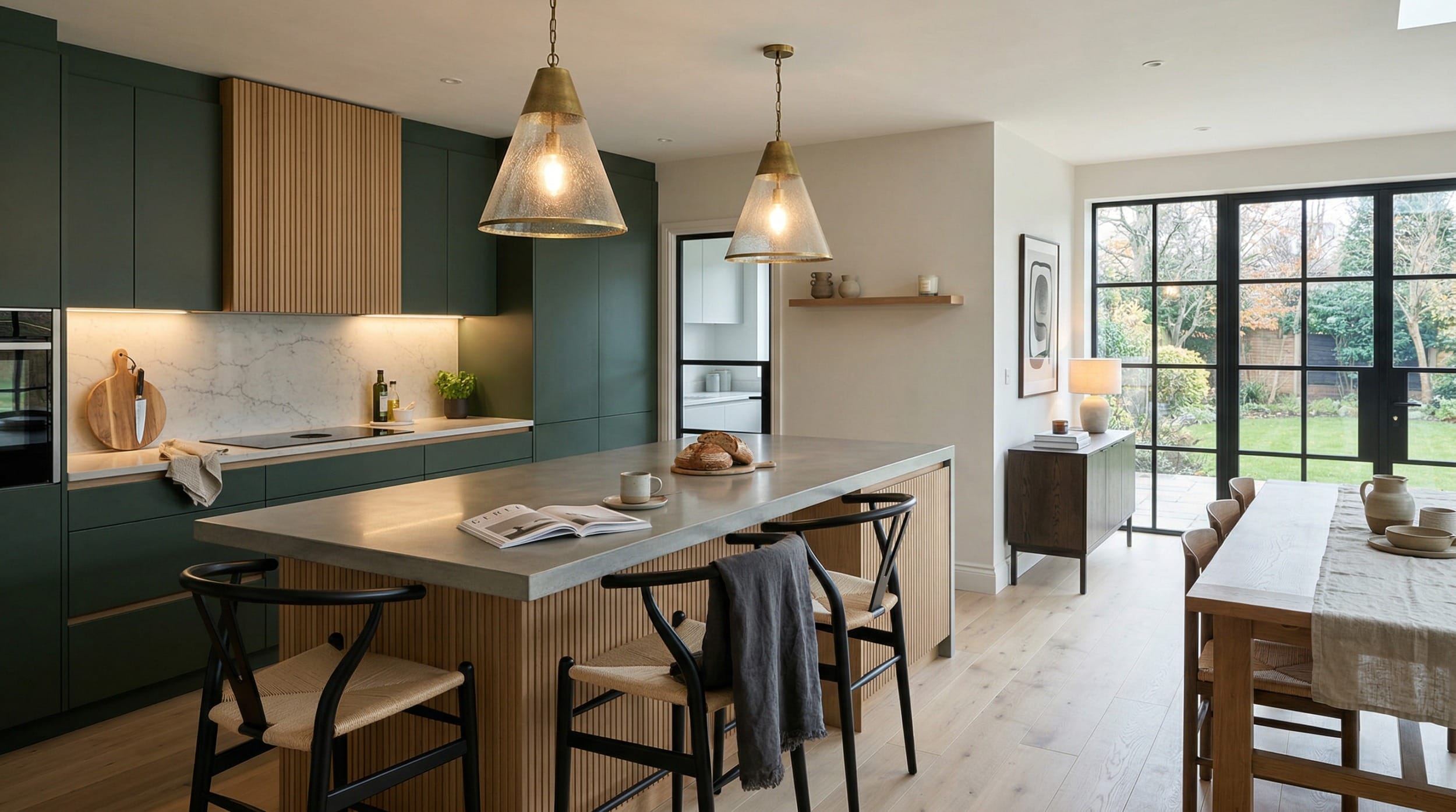 Mastercraft bespoke kitchen in Solihull, wide architectural view showing room volume and design quality