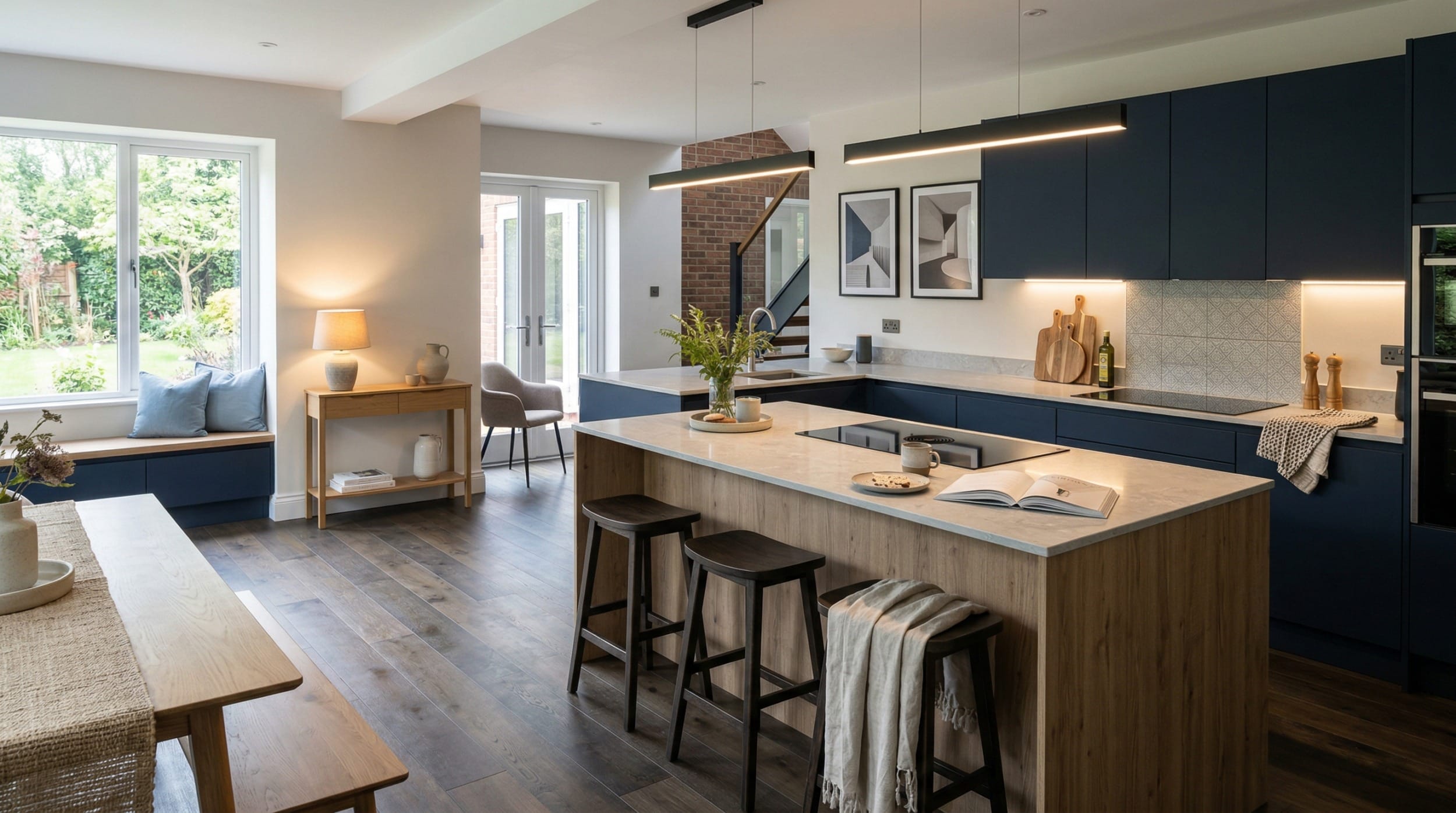 Mastercraft bespoke kitchen in Stourbridge, wide architectural view showing room volume and design quality