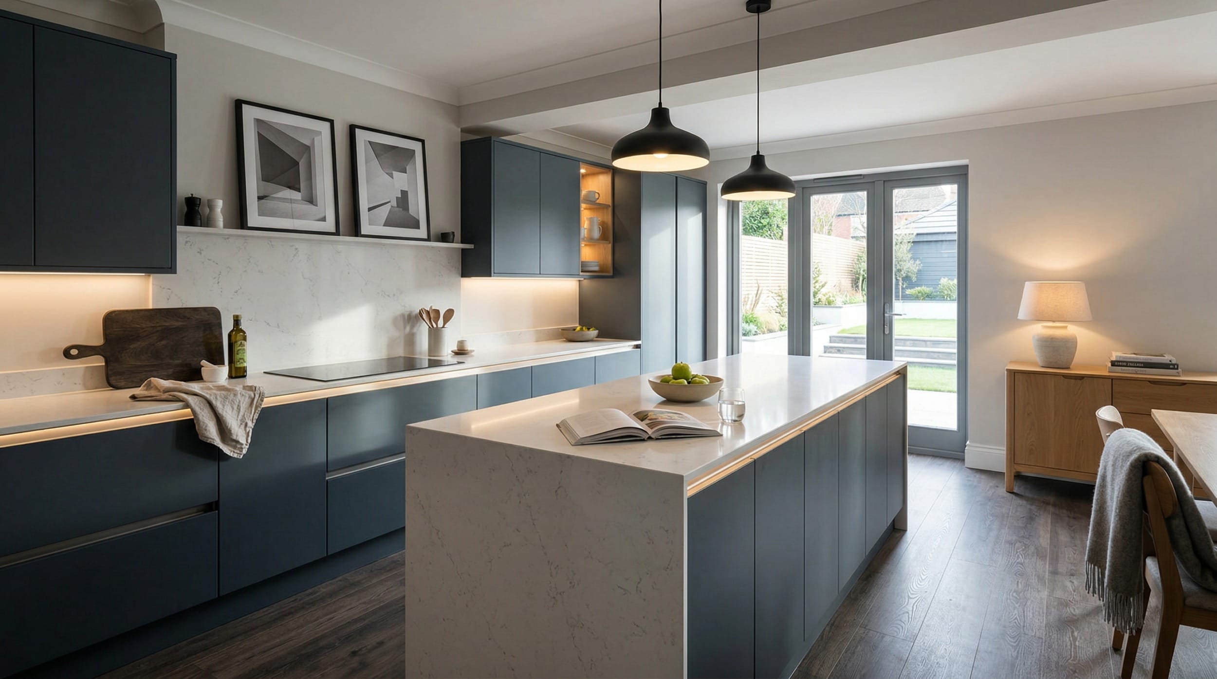 Mastercraft bespoke kitchen in Sutton Coldfield, wide architectural view showing room volume and design quality