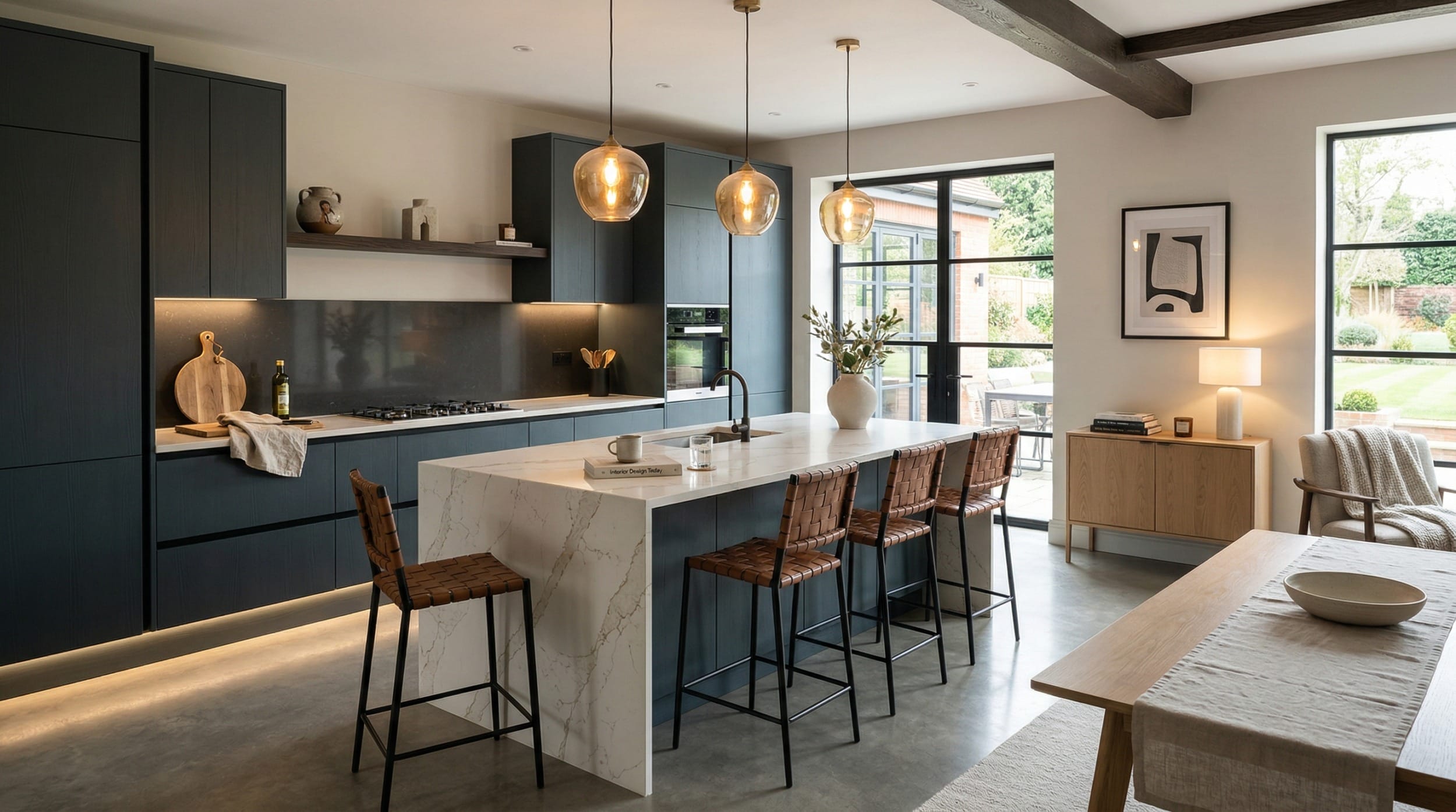 Mastercraft bespoke kitchen in Alvecote, wide architectural view showing room volume and design quality