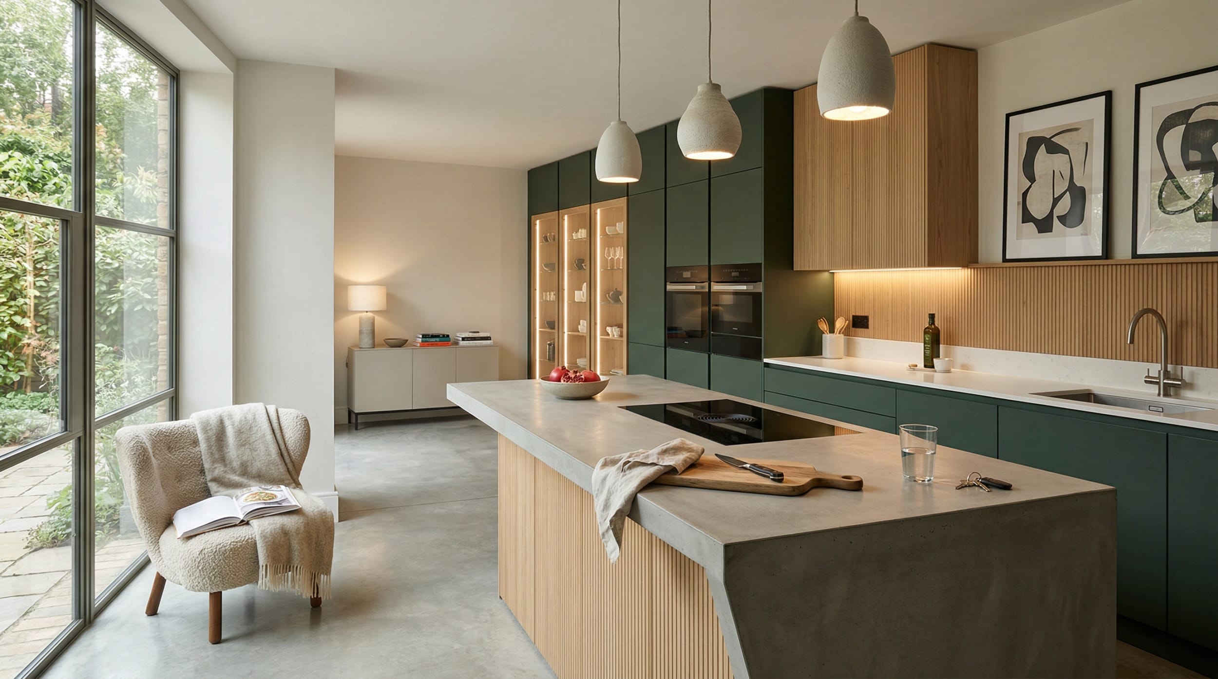 Mastercraft bespoke kitchen in Ansley Common, wide architectural view showing room volume and design quality