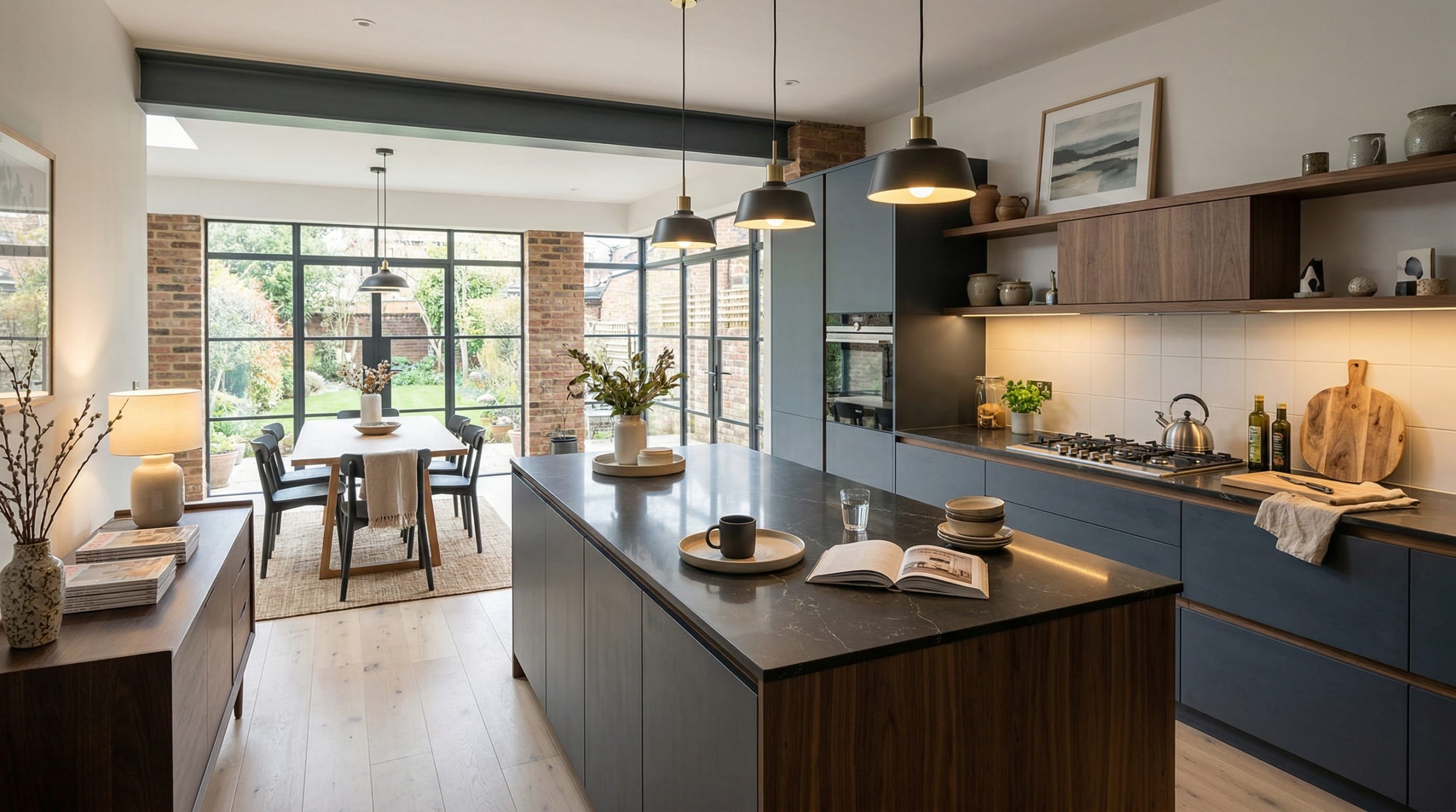 Mastercraft bespoke kitchen in Earlswood, wide architectural view showing room volume and design quality