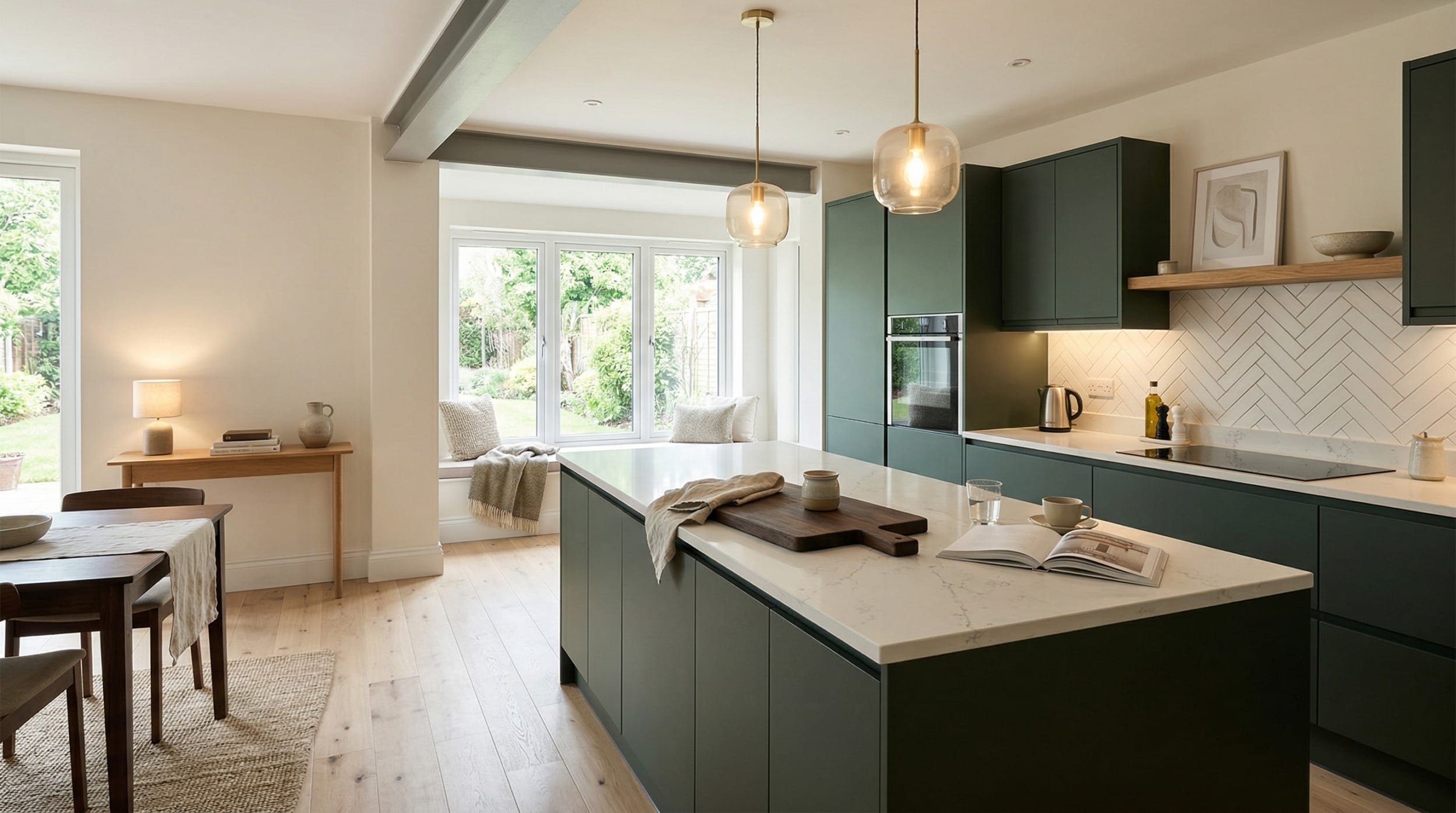 Mastercraft bespoke kitchen in Kingswood, wide architectural view showing room volume and design quality