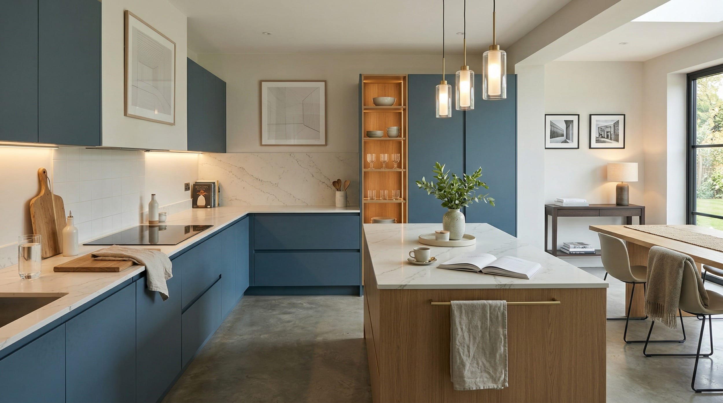 hero2_1200x675-165 Mastercraft bespoke kitchen in Leamington, wide architectural view showing room volume and design quality