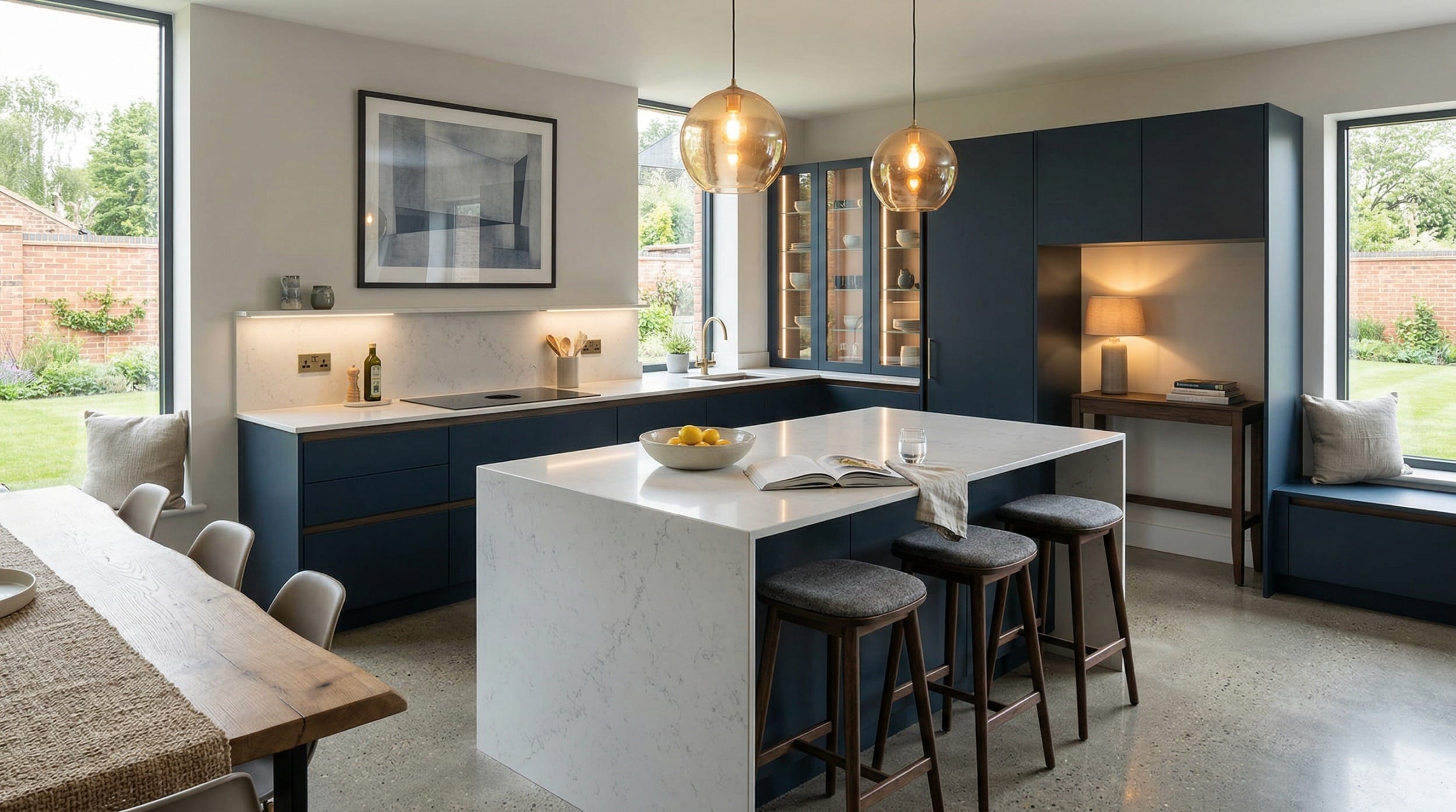 Mastercraft bespoke kitchen in Rugby, wide architectural view showing room volume and design quality