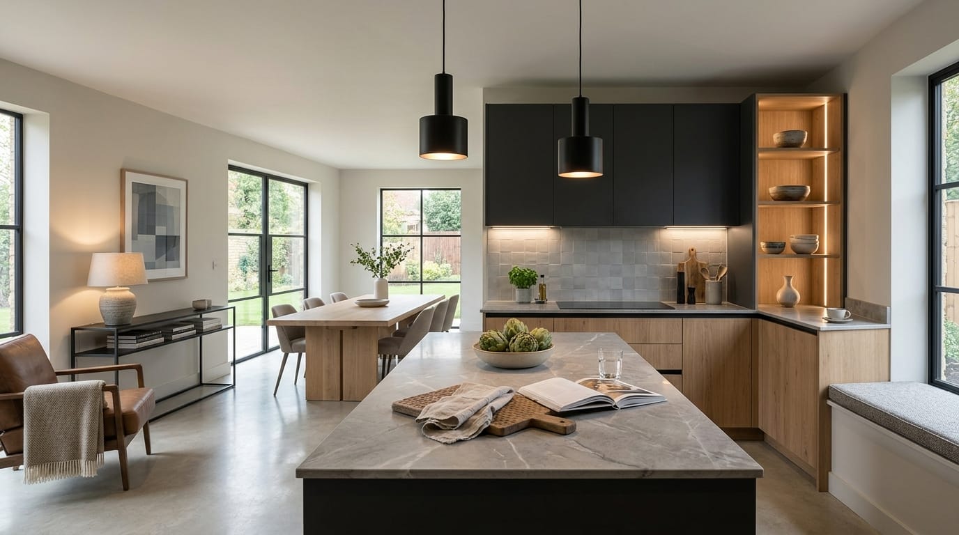 Mastercraft bespoke kitchen in Chipping Norton, wide architectural view showing room volume and design quality