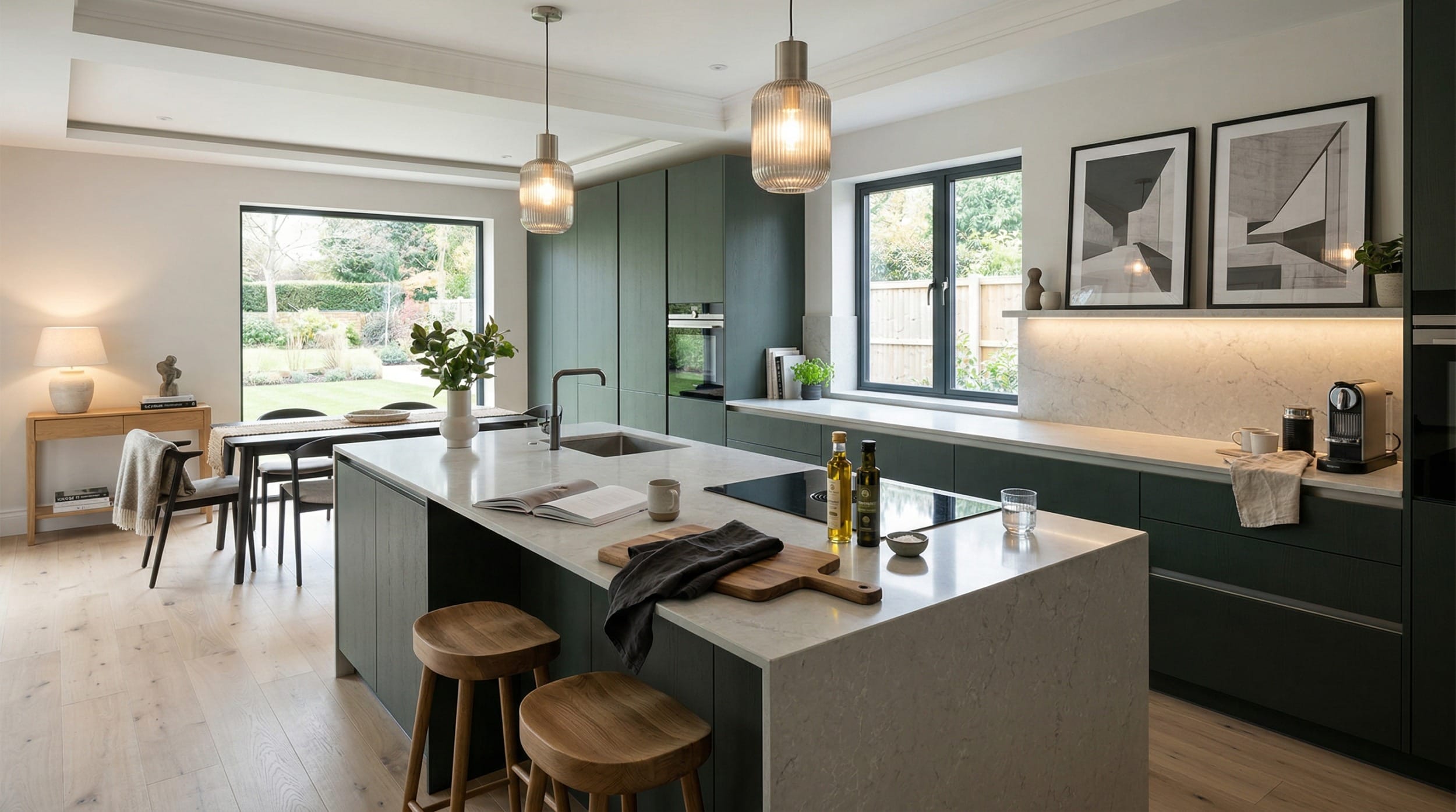 Mastercraft bespoke kitchen in Warwick, wide architectural view showing room volume and design quality