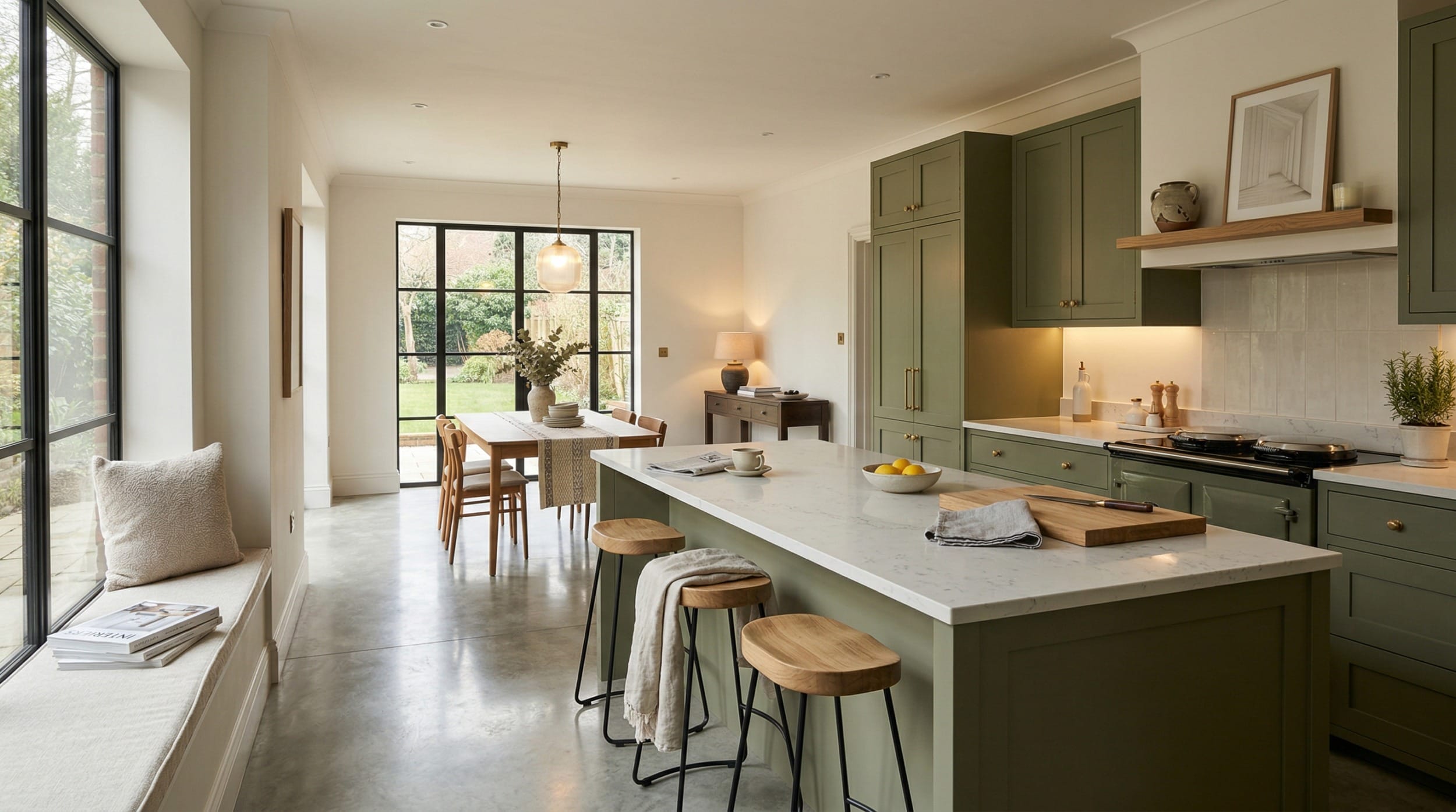 Mastercraft bespoke kitchen in Horsley, wide architectural view showing room volume and design quality