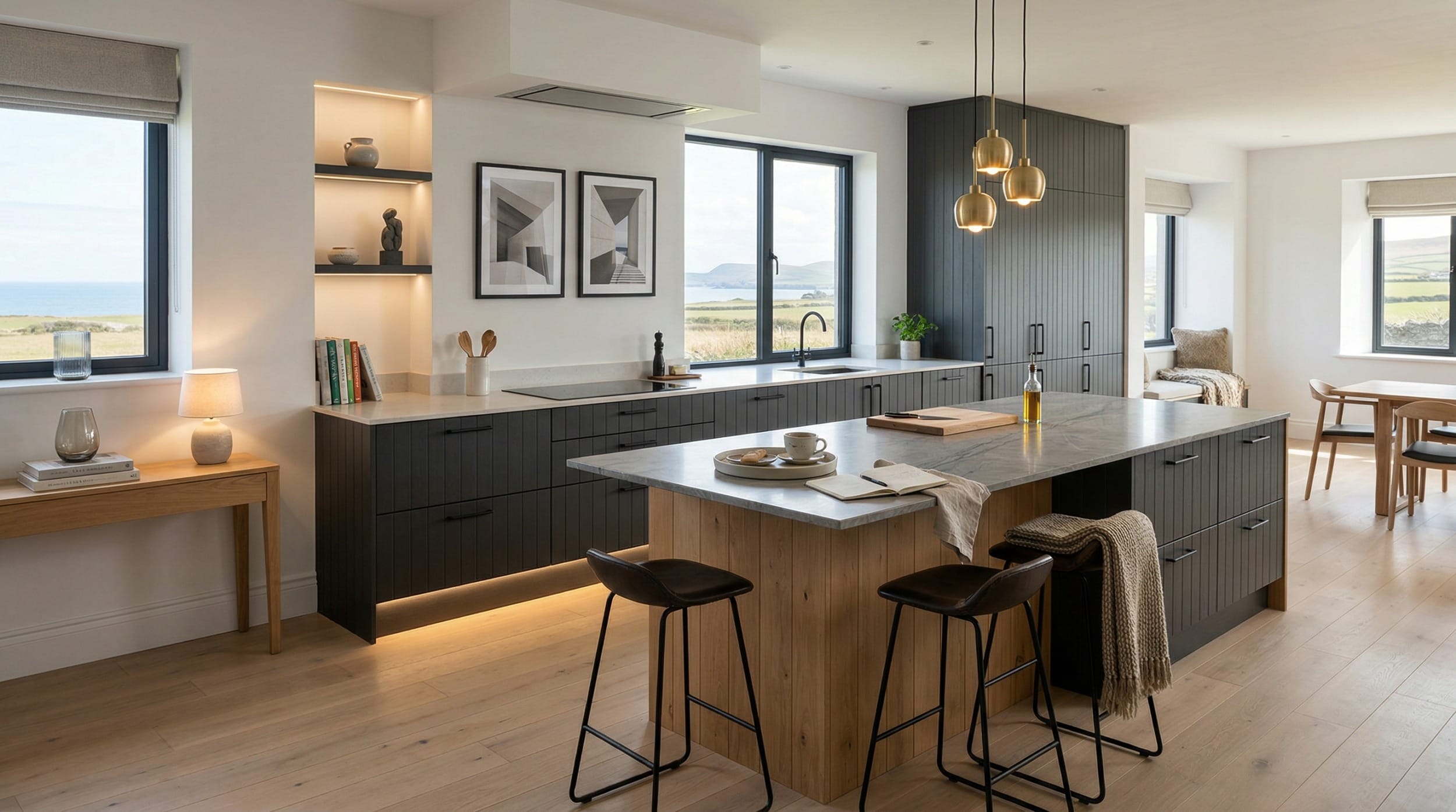 hero2_1200x675-195 Mastercraft bespoke kitchen in Aberdaron, wide architectural view showing room volume and design quality
