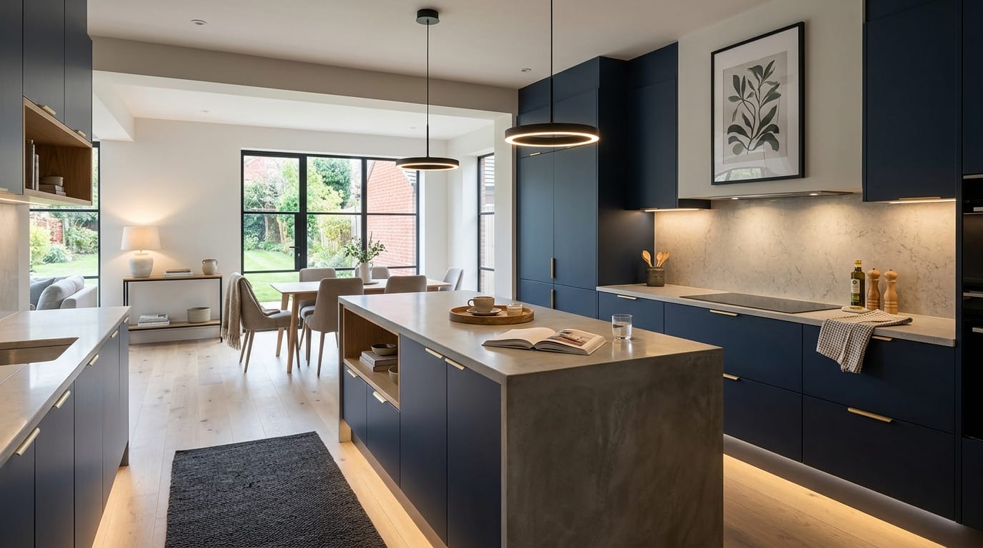 Mastercraft bespoke kitchen in Reading, wide architectural view showing room volume and design quality