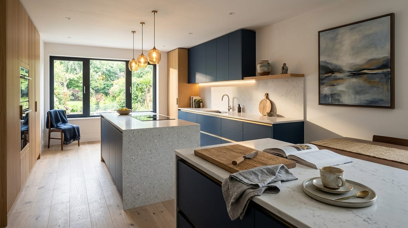 hero2_1200x675-20 Mastercraft bespoke kitchen in Windermere, wide architectural view showing room volume and design quality