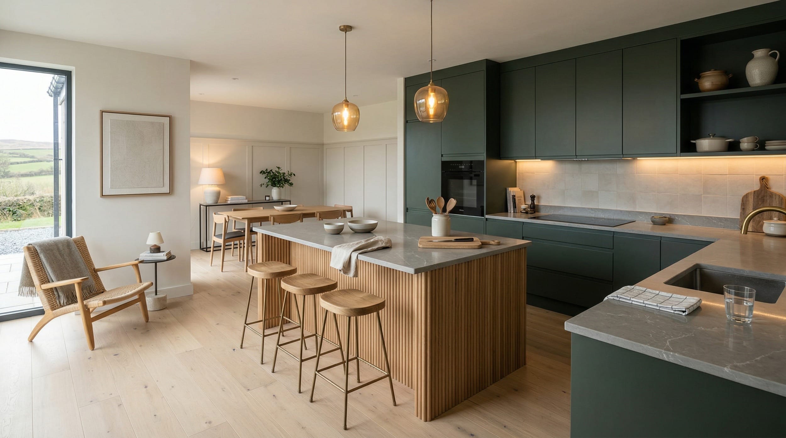 Mastercraft bespoke kitchen in Abererch, wide architectural view showing room volume and design quality