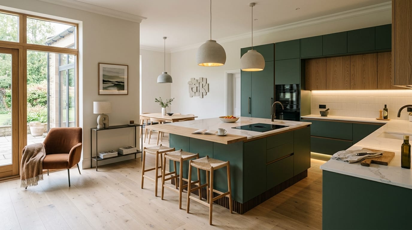 hero2_1200x675-23 Mastercraft bespoke kitchen in Hexham, wide architectural view showing room volume and design quality