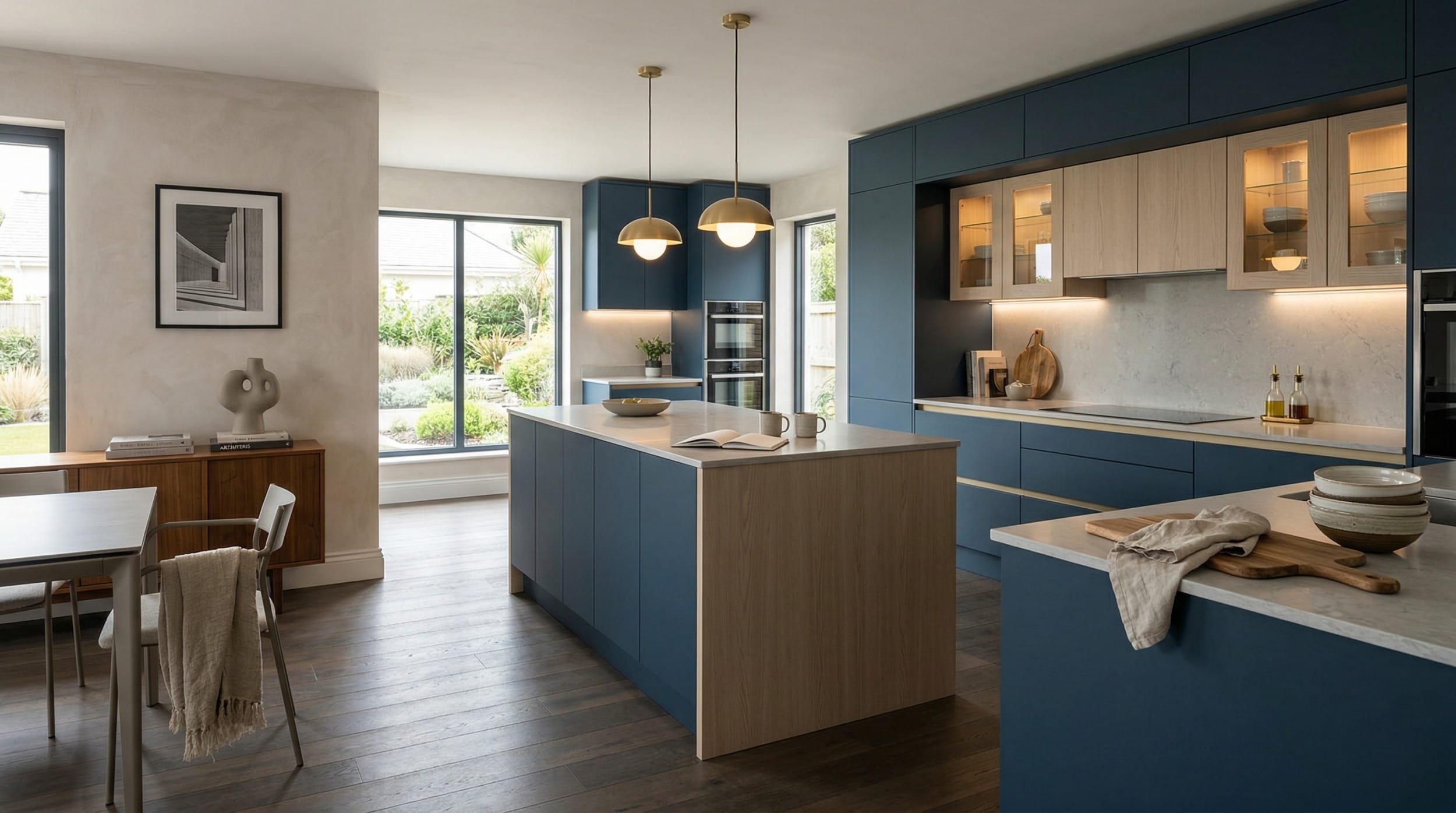 Mastercraft bespoke kitchen in Abersoch, wide architectural view showing room volume and design quality