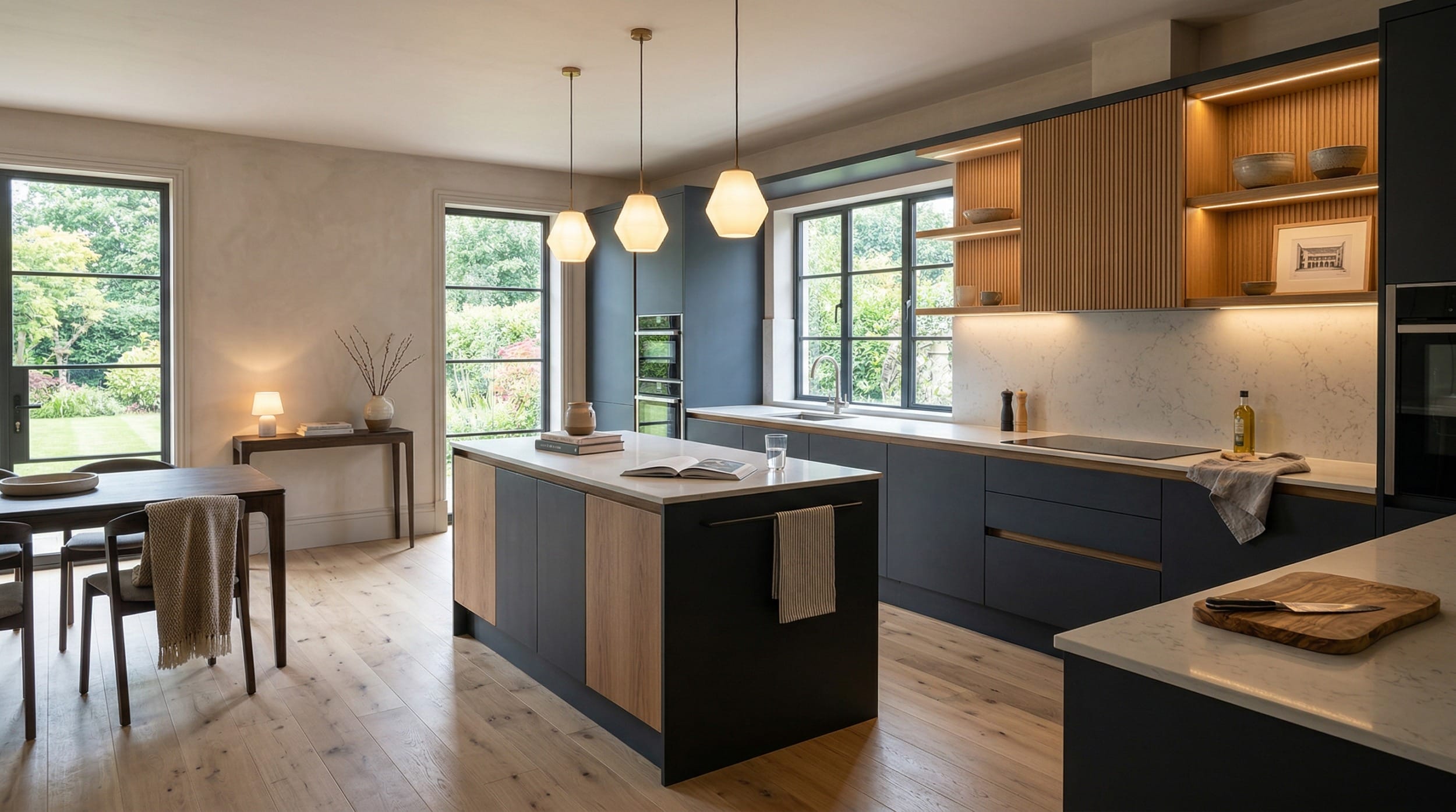 Mastercraft bespoke kitchen in Bangor, wide architectural view showing room volume and design quality