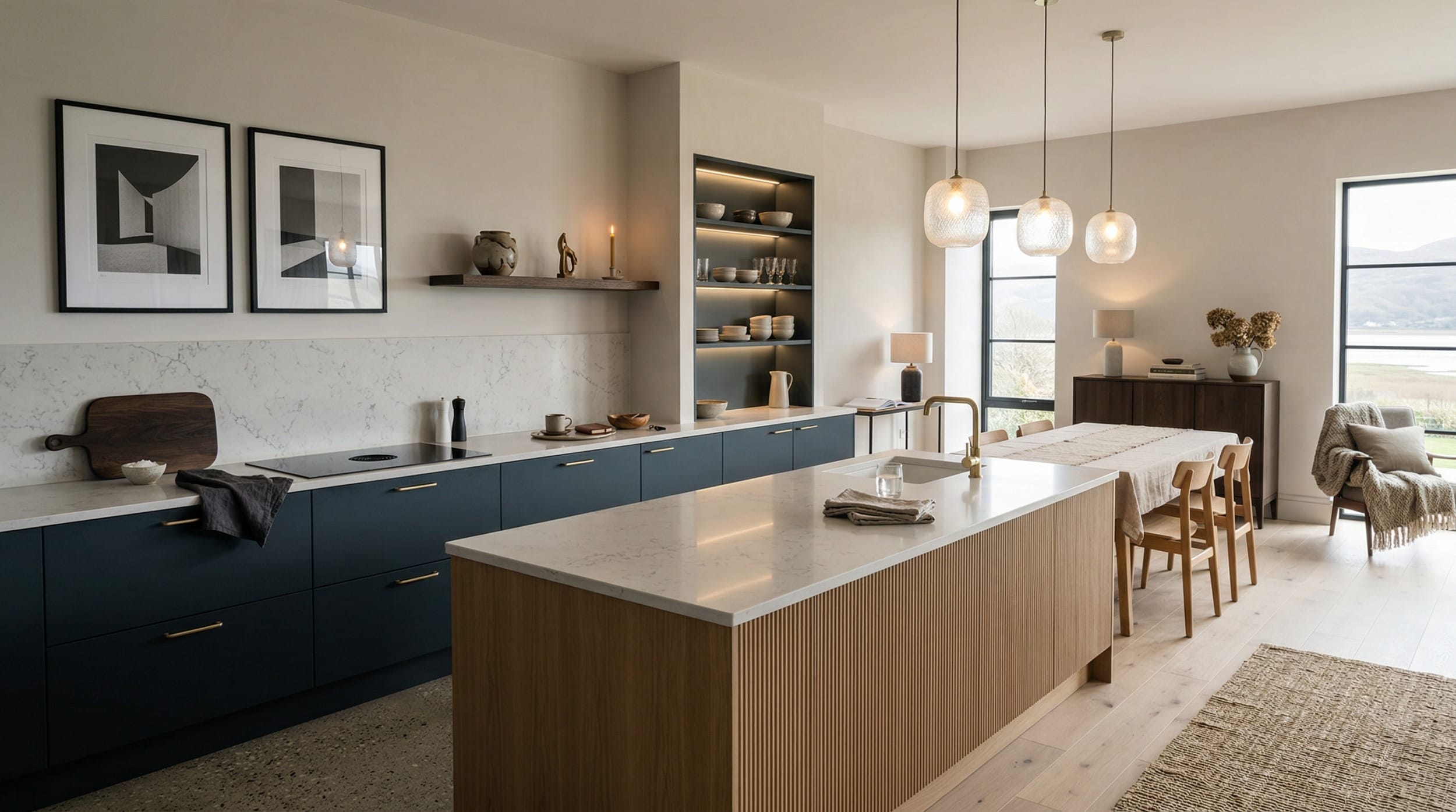 Mastercraft bespoke kitchen in Barmouth, wide architectural view showing room volume and design quality