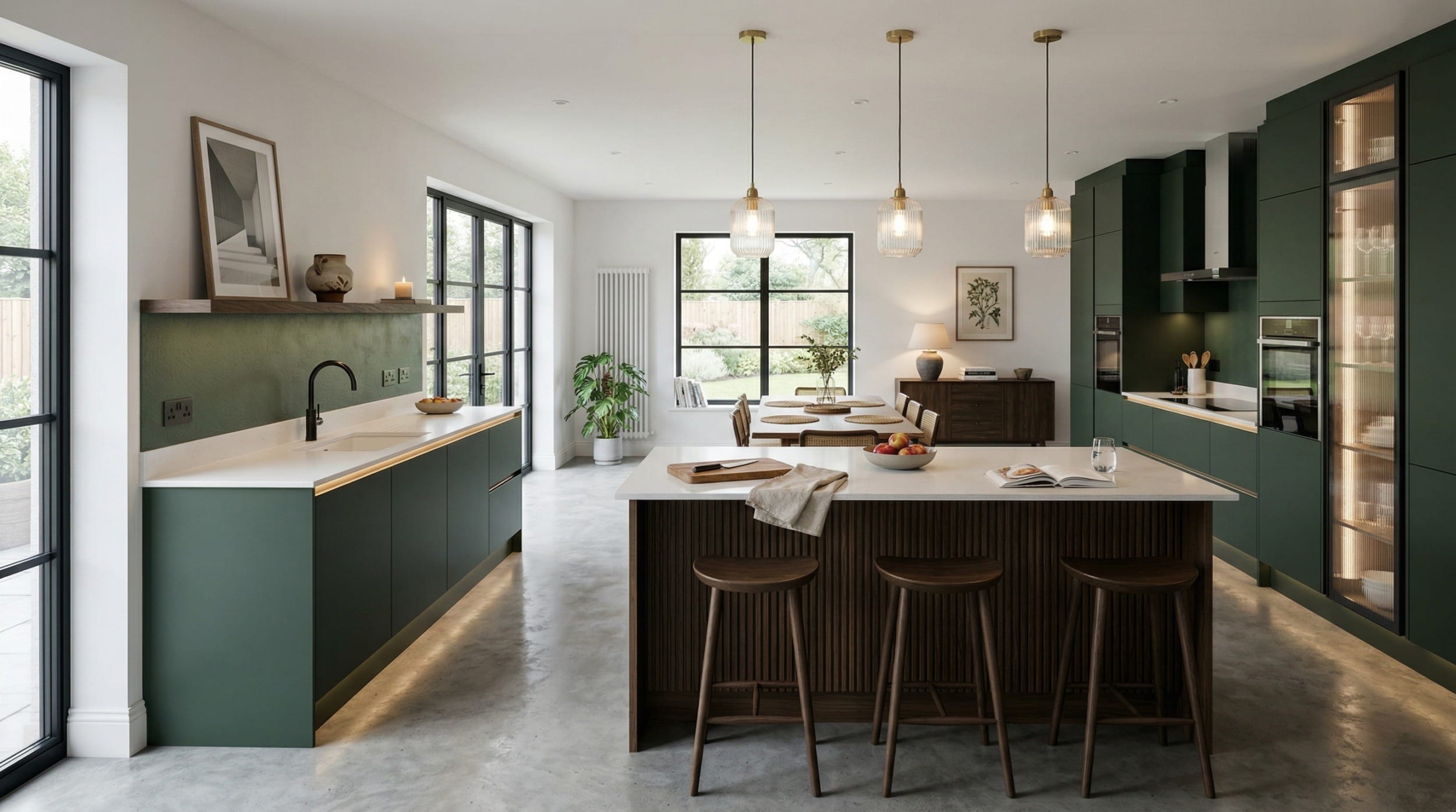 Mastercraft bespoke kitchen in Caernarfon, wide architectural view showing room volume and design quality