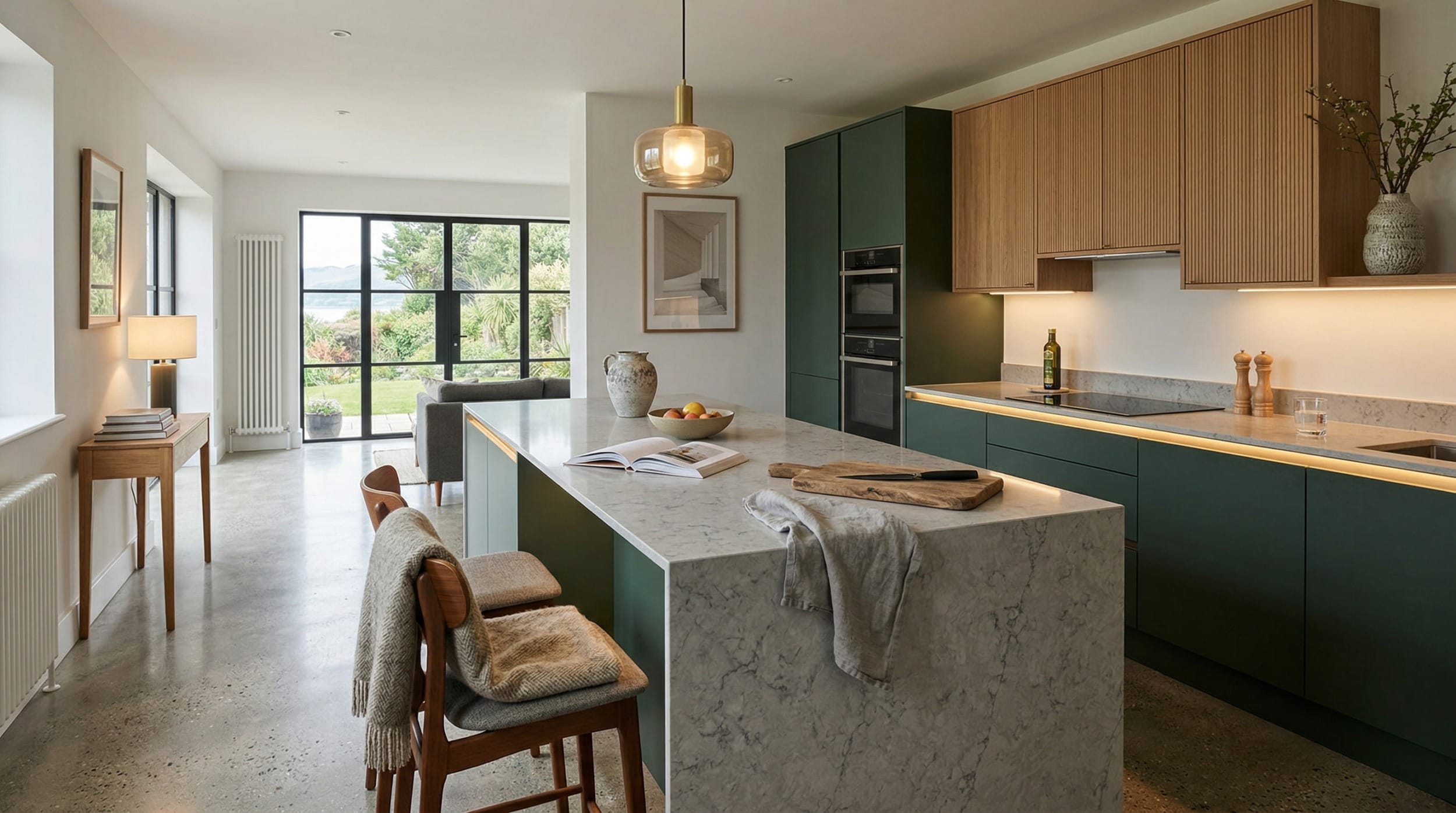 hero2_1200x675-235 Mastercraft bespoke kitchen in Llanbedrog, wide architectural view showing room volume and design quality