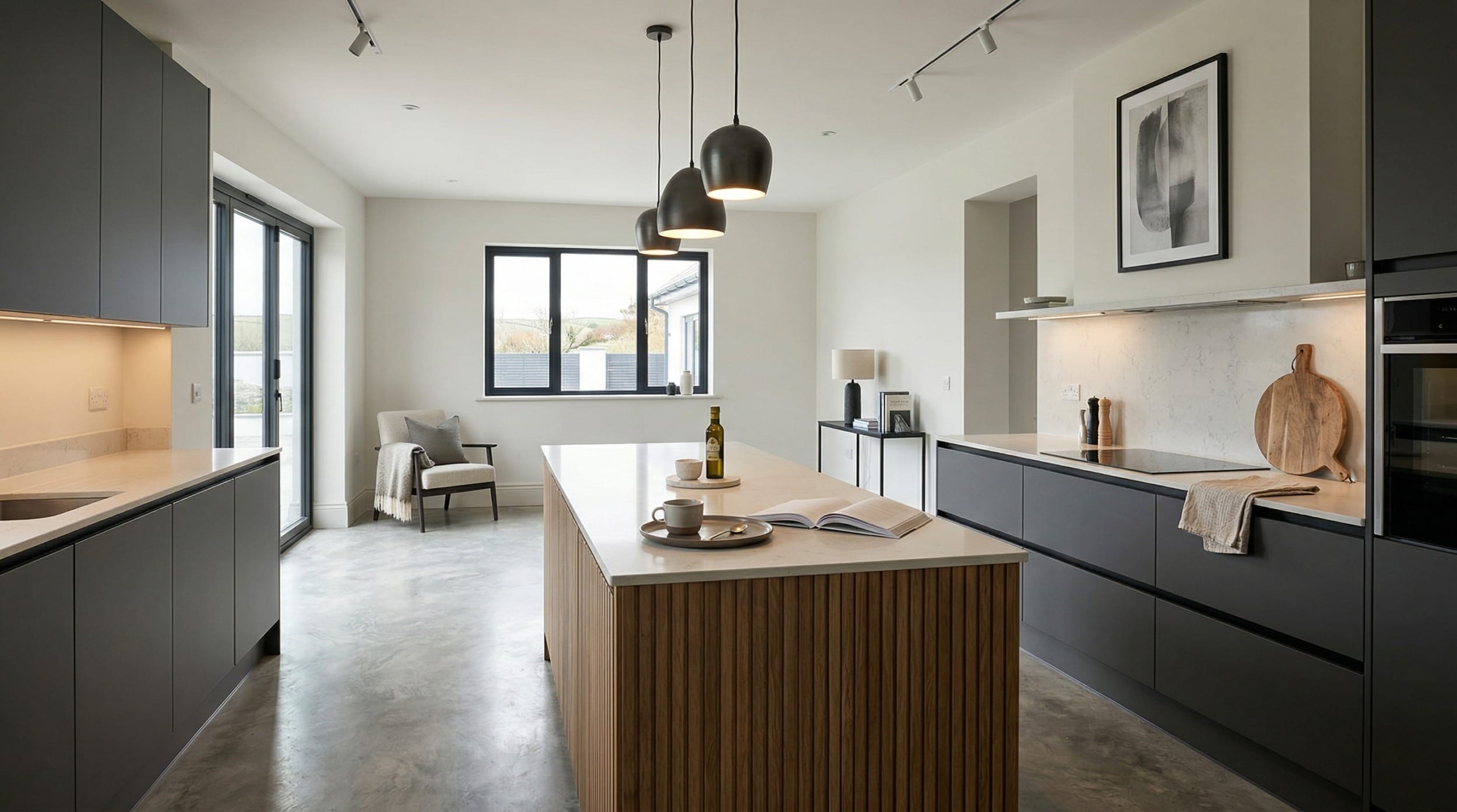 Mastercraft bespoke kitchen in Nefyn, wide architectural view showing room volume and design quality