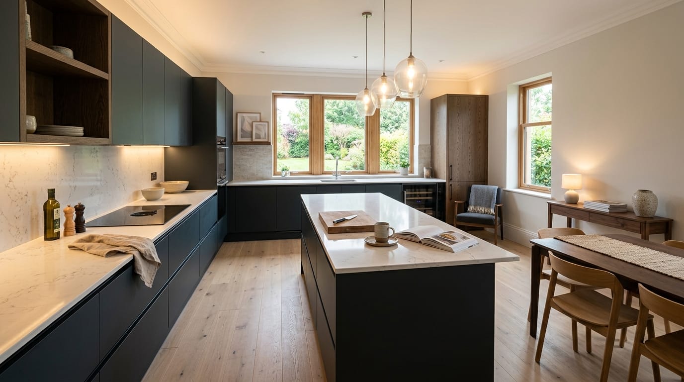 Mastercraft bespoke kitchen in Alnwick, wide architectural view showing room volume and design quality