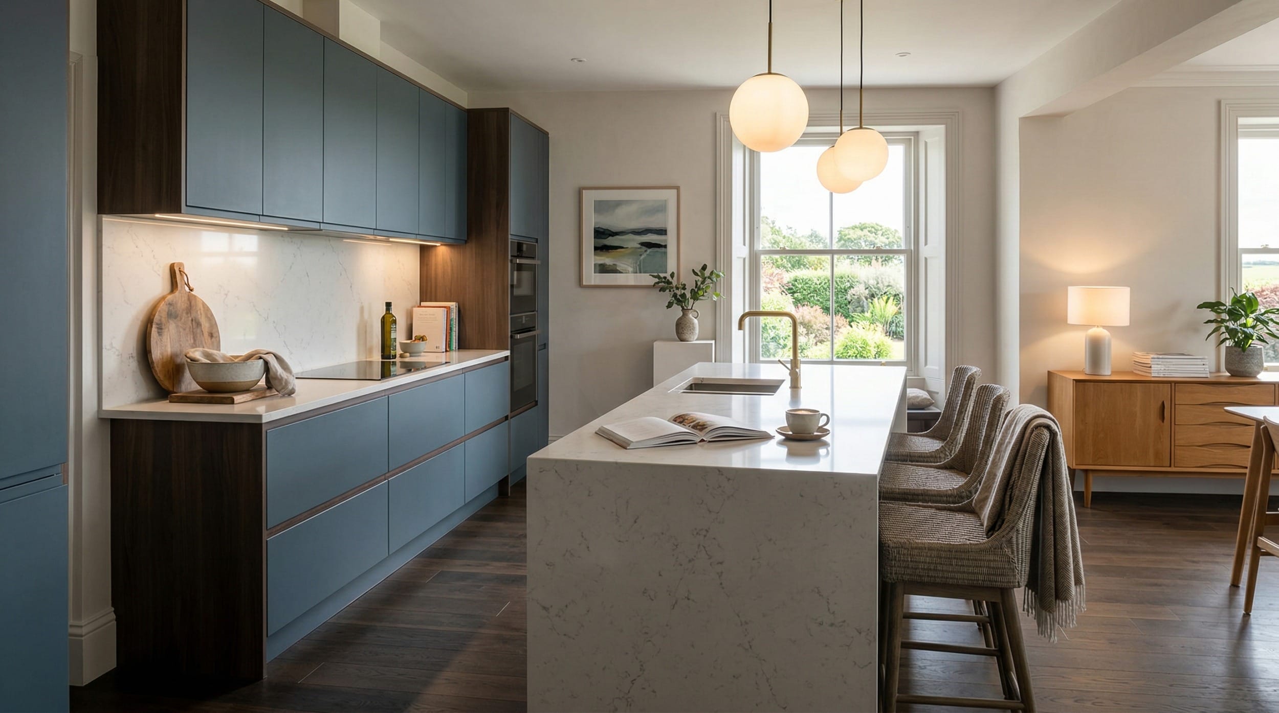 Mastercraft bespoke kitchen in Aberffraw, wide architectural view showing room volume and design quality