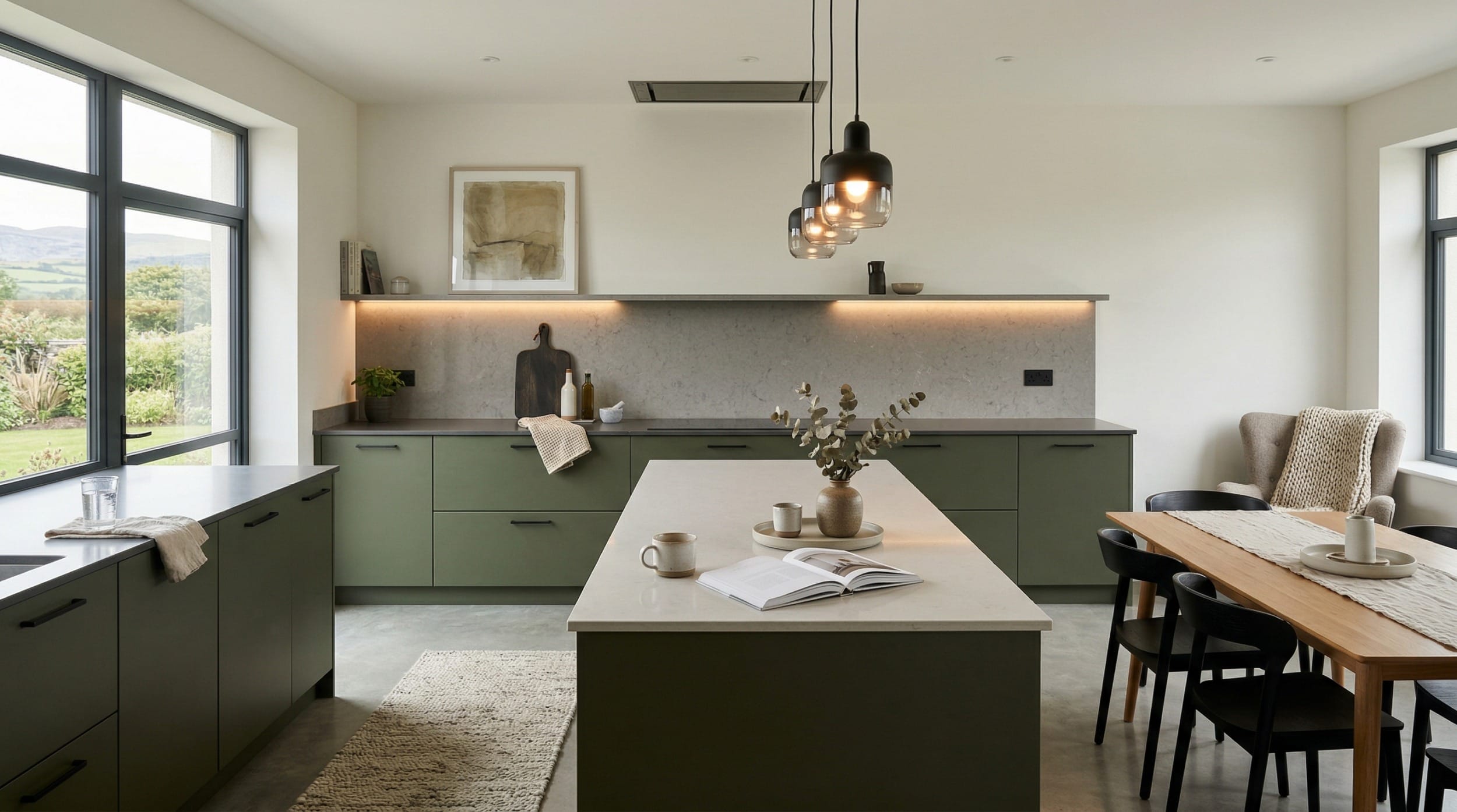 Mastercraft bespoke kitchen in Amlwch, wide architectural view showing room volume and design quality