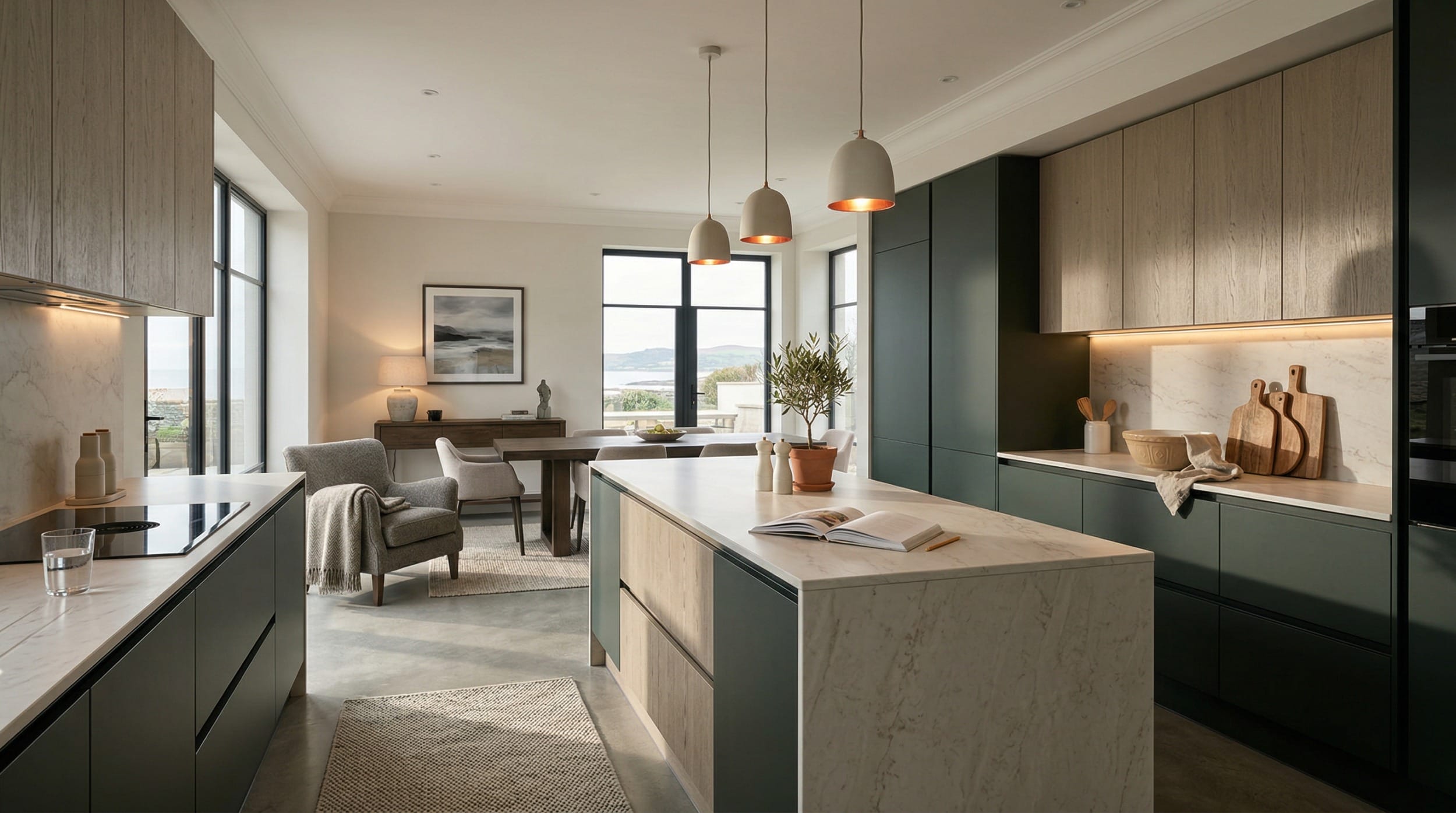 Mastercraft bespoke kitchen in Beaumaris, wide architectural view showing room volume and design quality