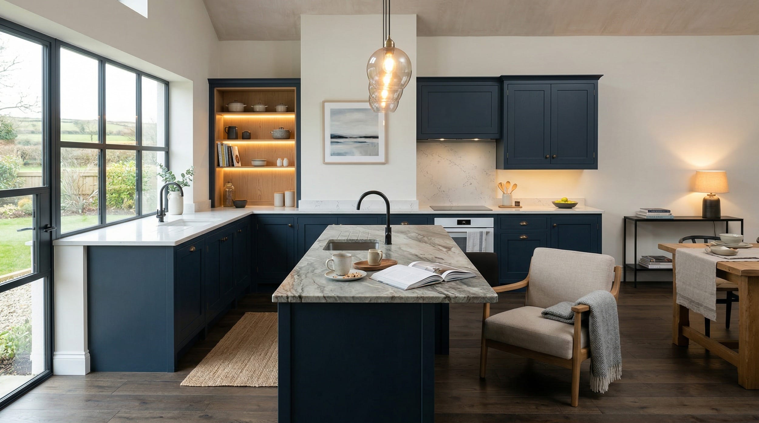 Mastercraft bespoke kitchen in Holyhead, wide architectural view showing room volume and design quality