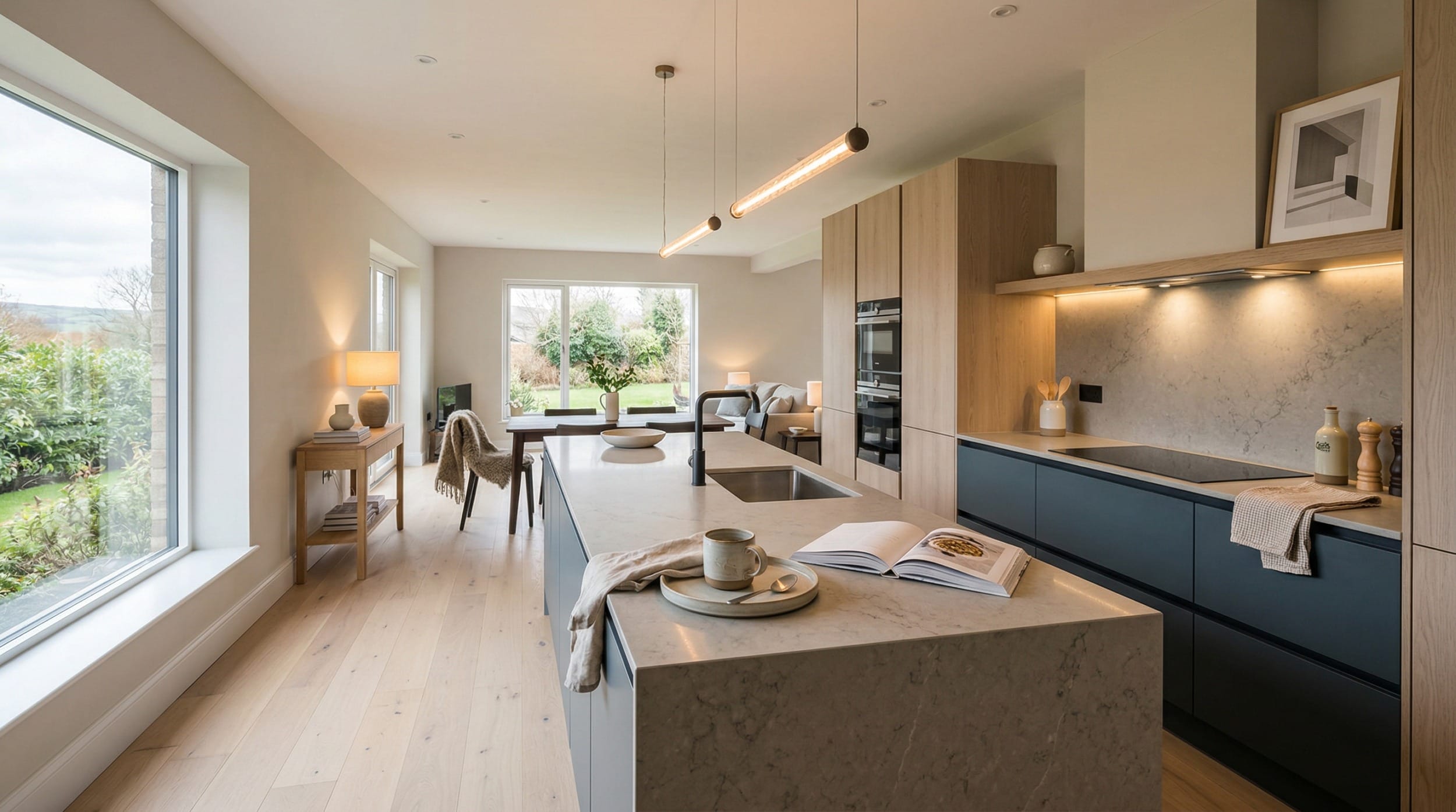 hero2_1200x675-245 Mastercraft bespoke kitchen in Abergele, wide architectural view showing room volume and design quality