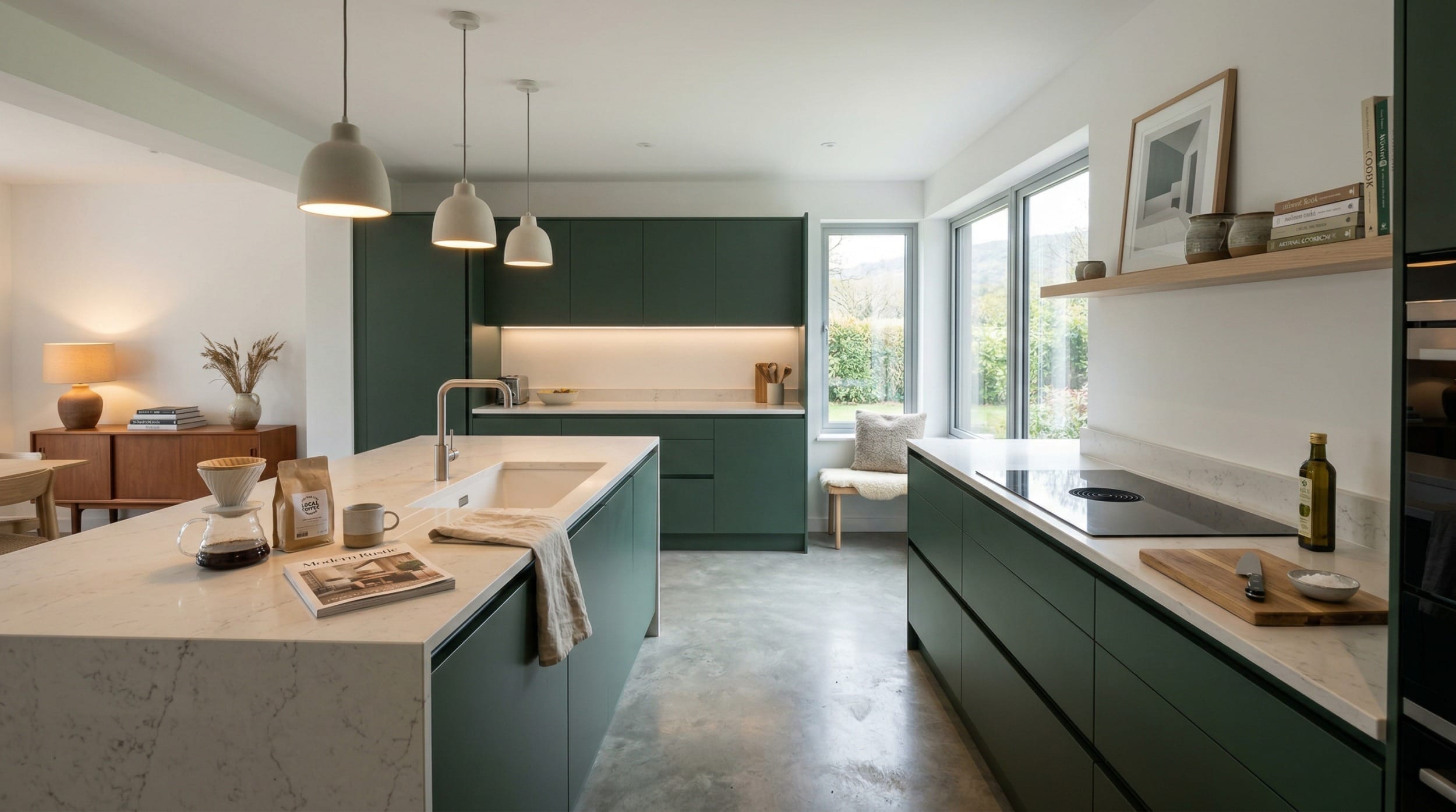 Mastercraft bespoke kitchen in Betws-y-coed, wide architectural view showing room volume and design quality