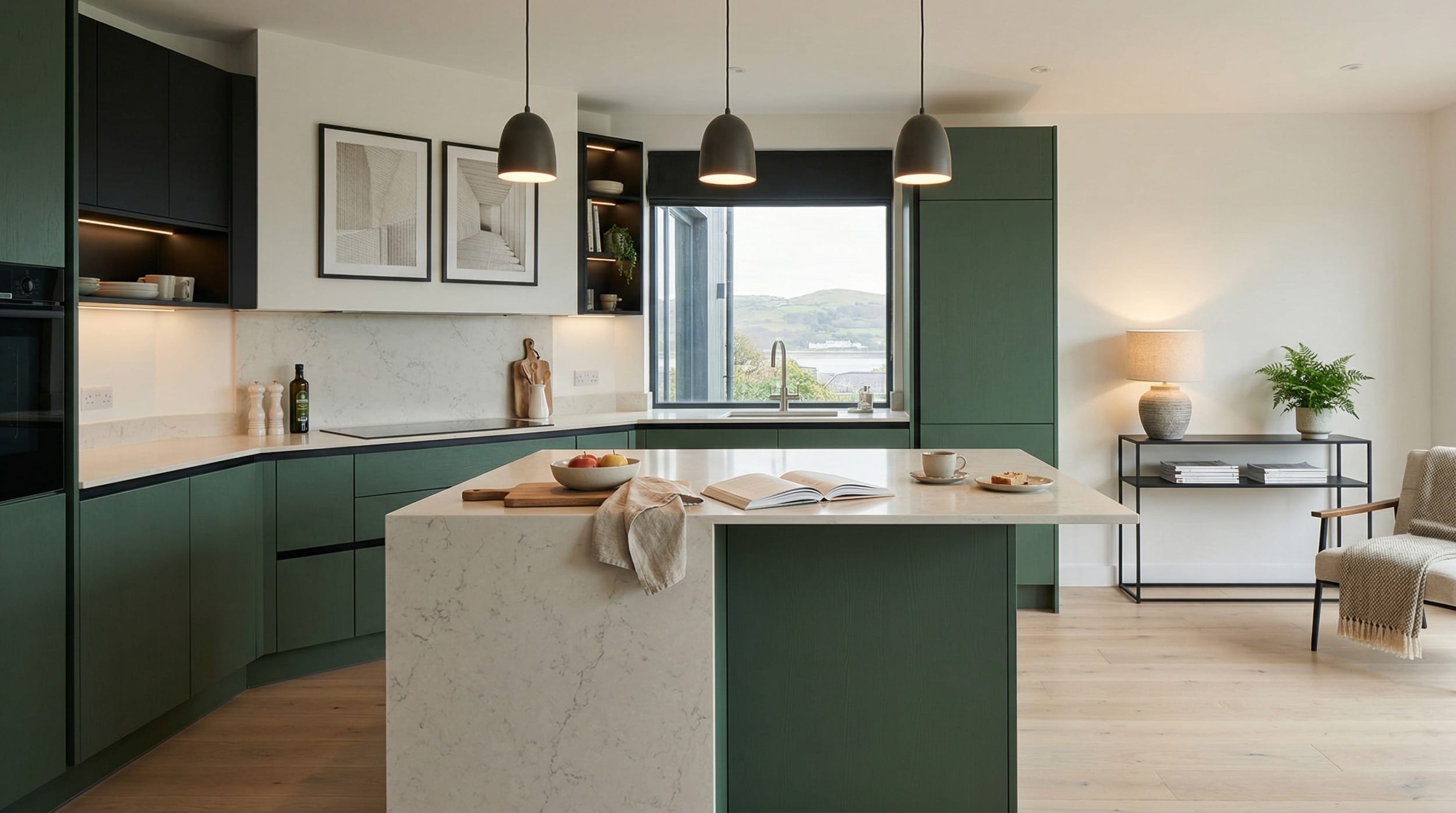 hero2_1200x675-247 Mastercraft bespoke kitchen in Colwyn Bay, wide architectural view showing room volume and design quality