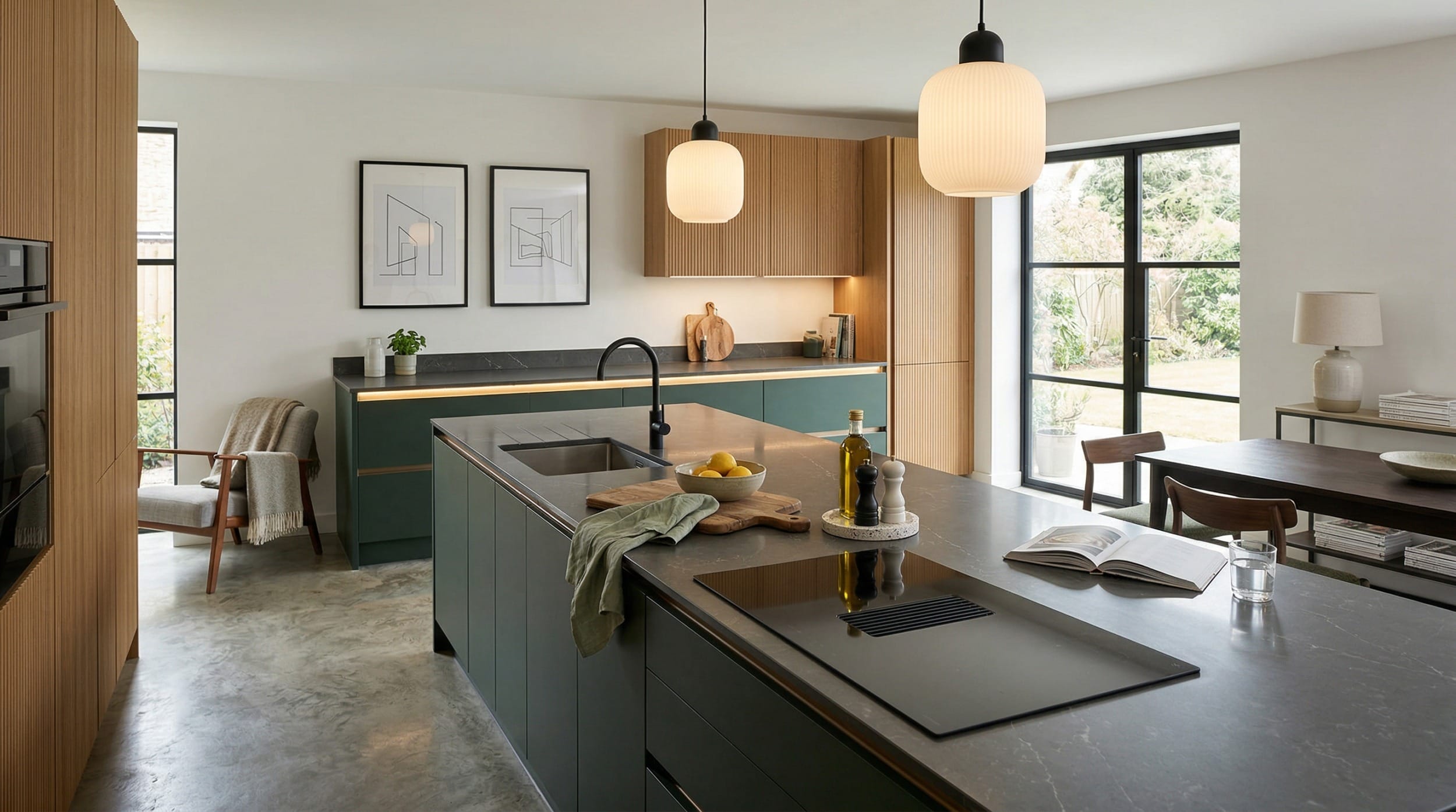 Mastercraft bespoke kitchen in Conwy, wide architectural view showing room volume and design quality