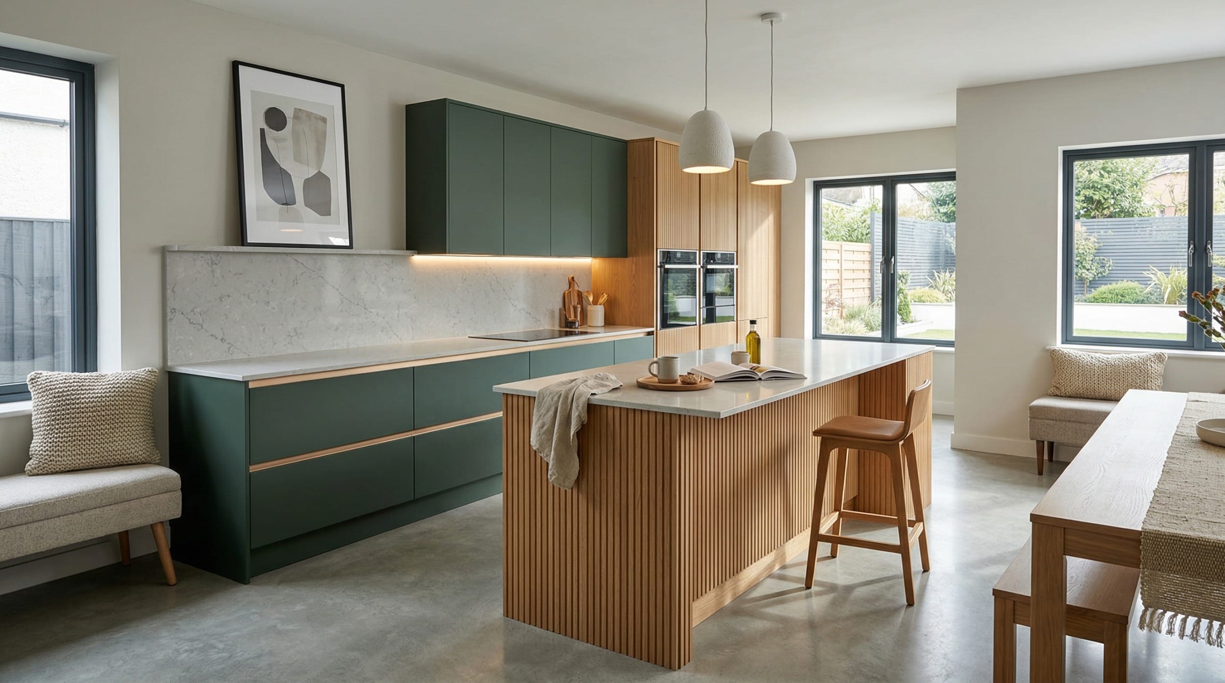 Mastercraft bespoke kitchen in Llandudno, wide architectural view showing room volume and design quality