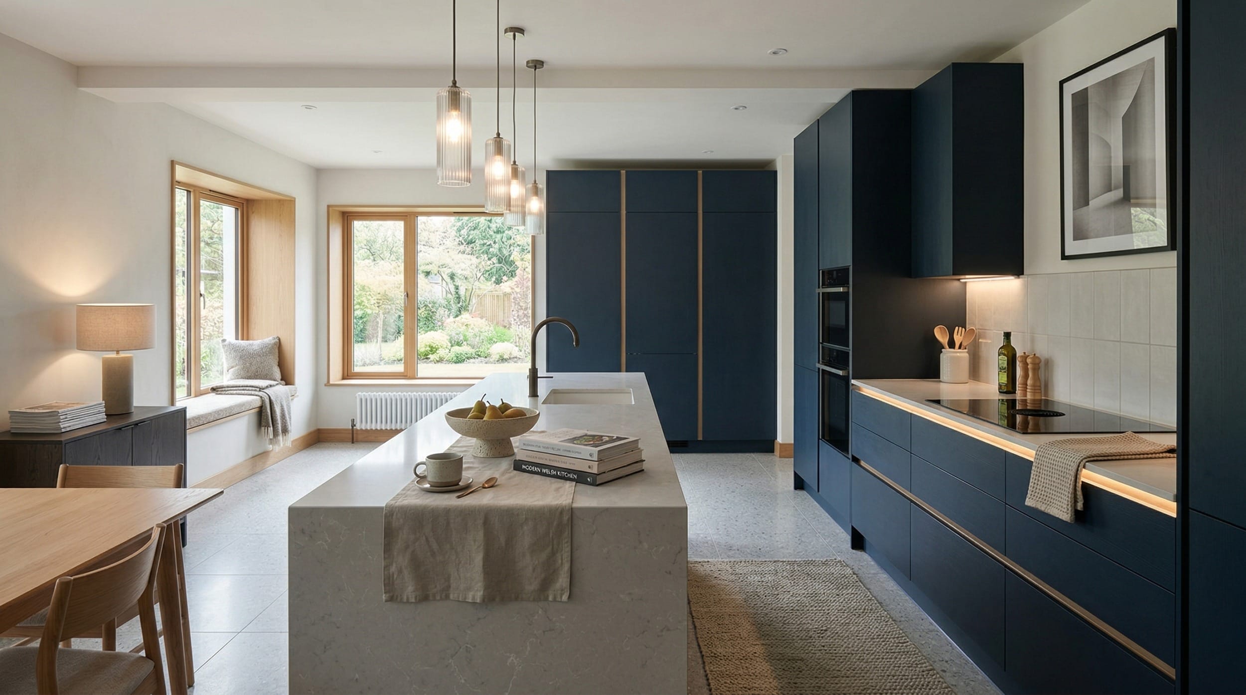 Mastercraft bespoke kitchen in Llangerniew, wide architectural view showing room volume and design quality