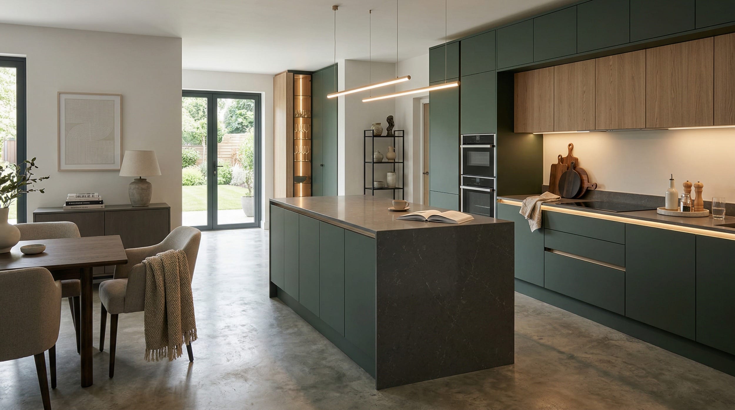 Mastercraft bespoke kitchen in Berwyn, wide architectural view showing room volume and design quality