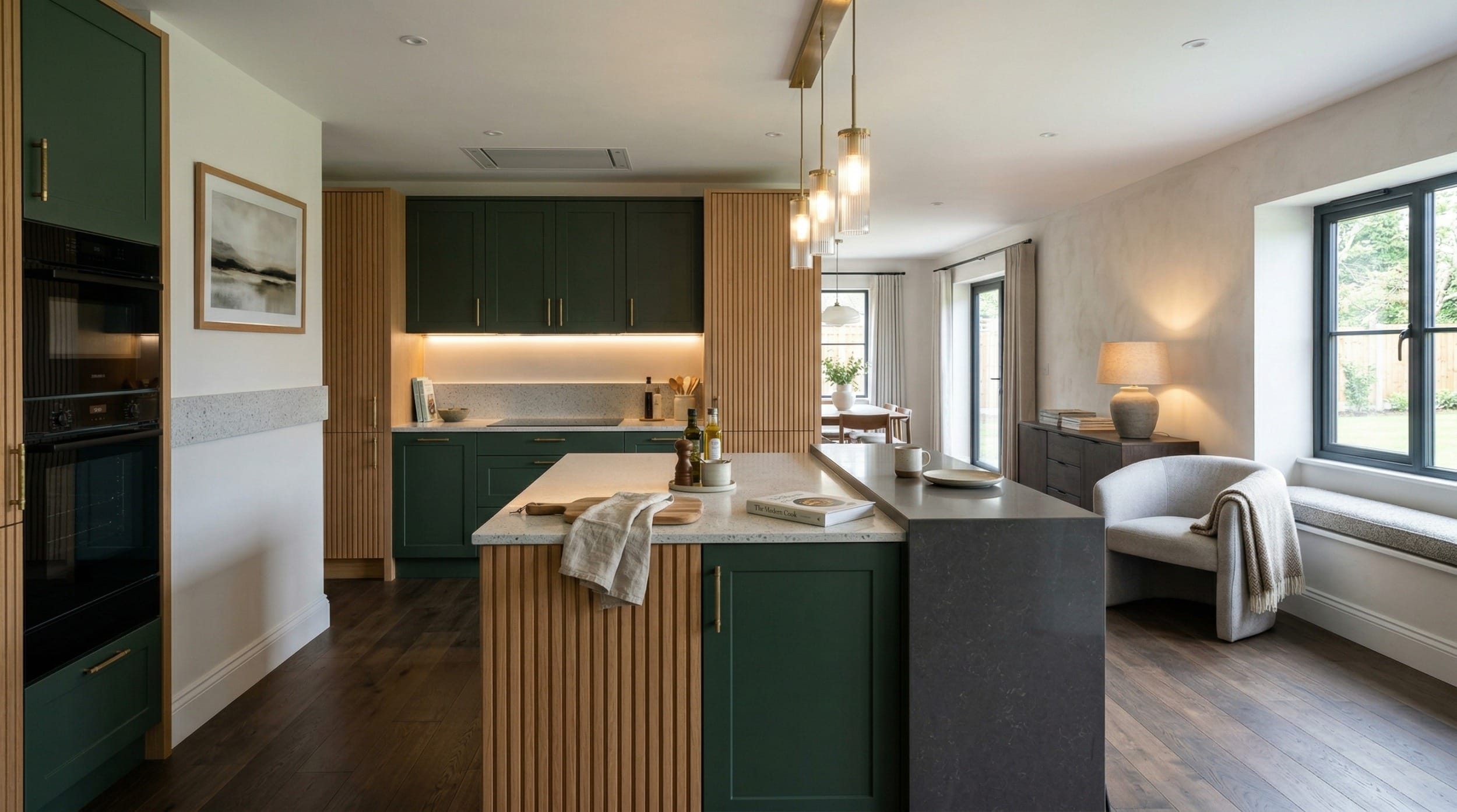 hero2_1200x675-252 Mastercraft bespoke kitchen in Bodelwyddan, wide architectural view showing room volume and design quality